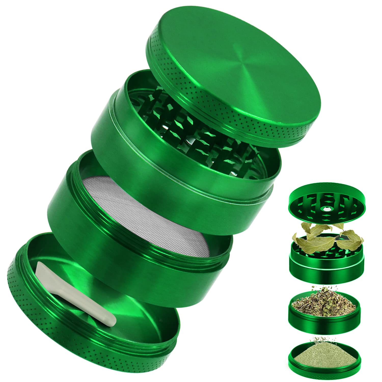 Premium 4-Piece Metal Herb Grinder - Spice, Coffee & Pollen Scraper Included - 63mm Diameter - Perfect for Kitchen, Travel & Outdoor Adventures
