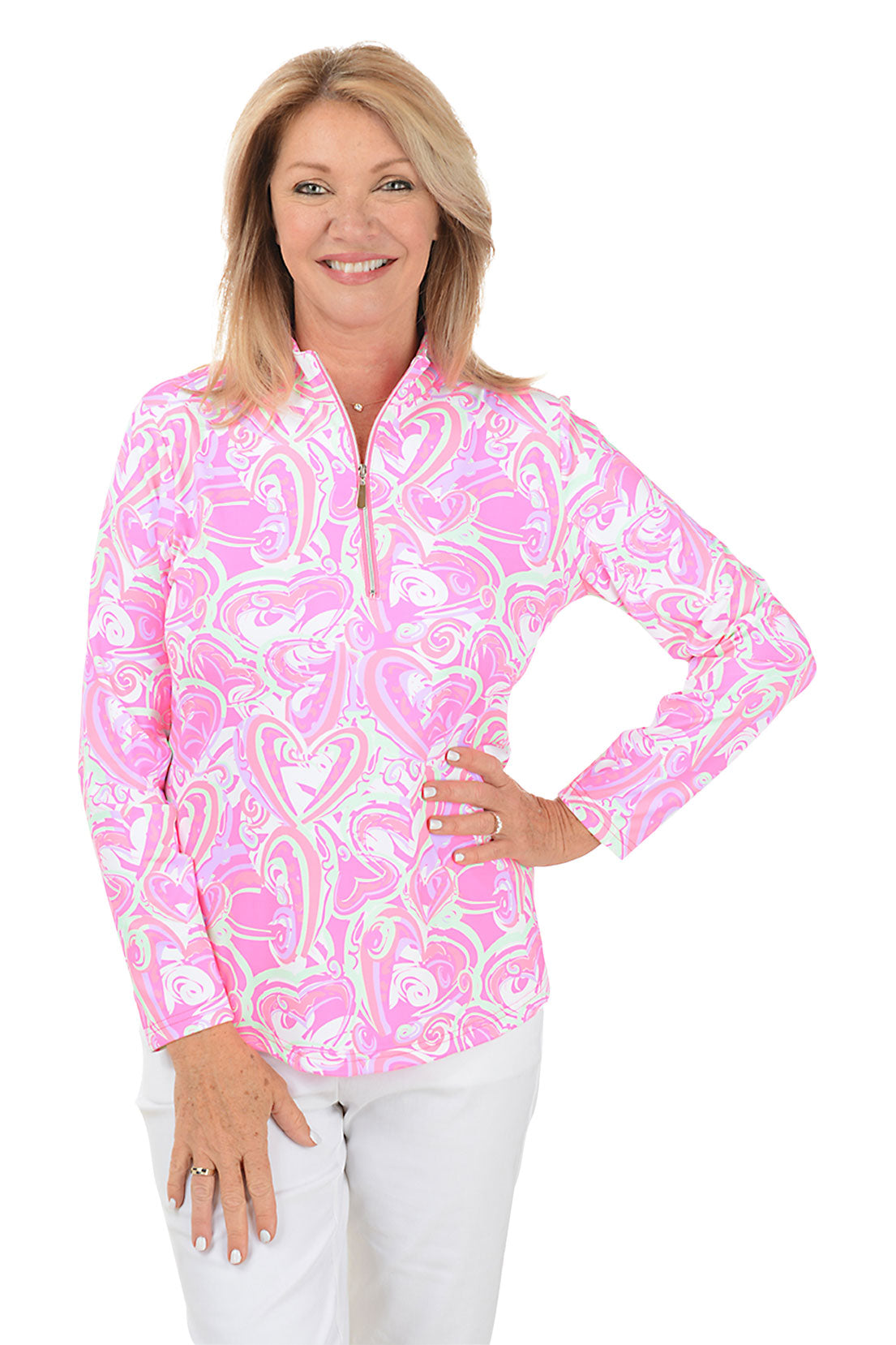 Women's Pink Heart Print UPF 50+ Sun Protection Mock Neck Top - Perfect for Beach, Pool & Summer Outdoor Activities