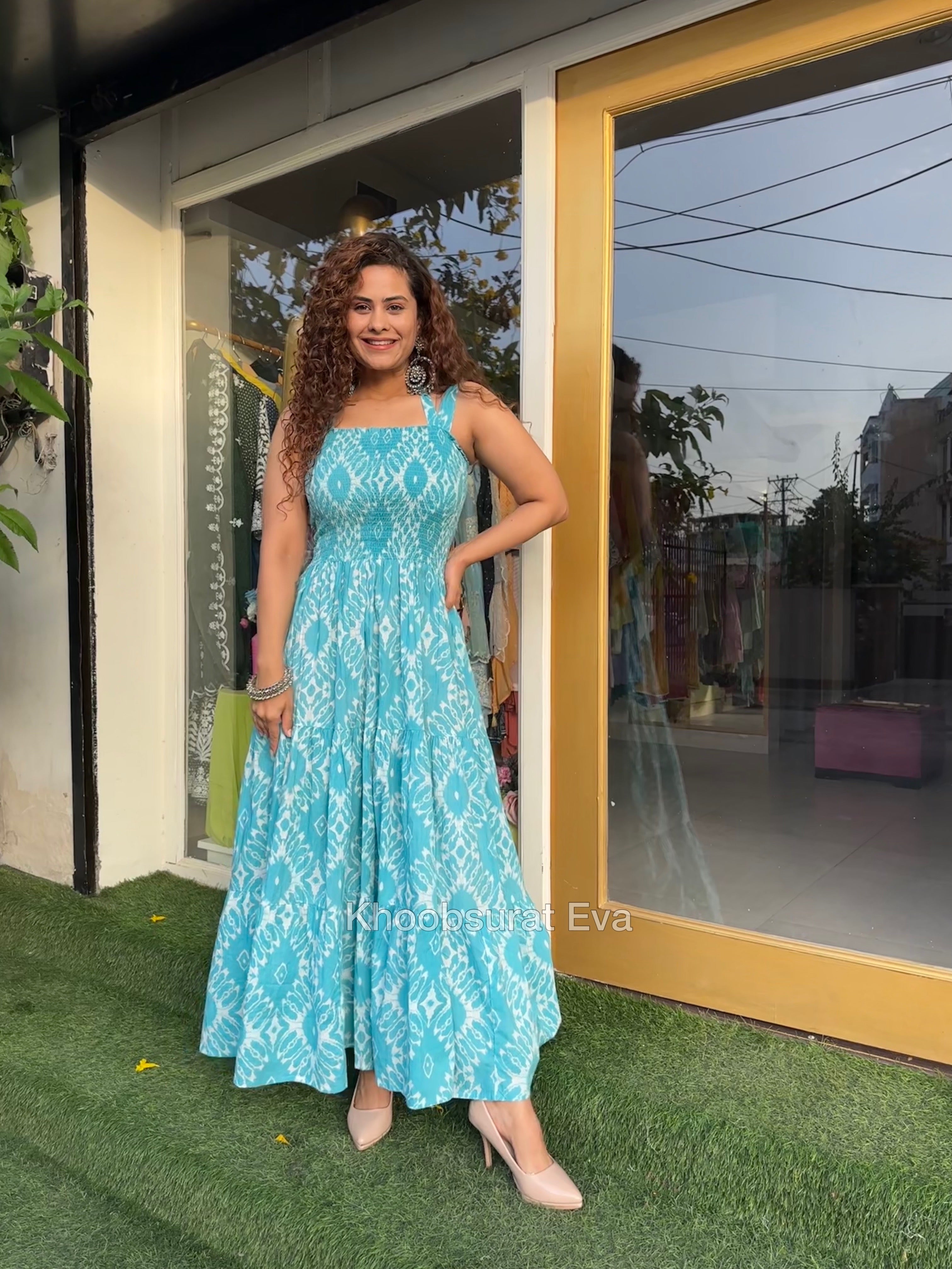 Blue Cotton Tiered Maxi Dress for Women - Flowy Boho Summer Dress with Pockets - Perfect for Beach, Vacation, and Casual Outings