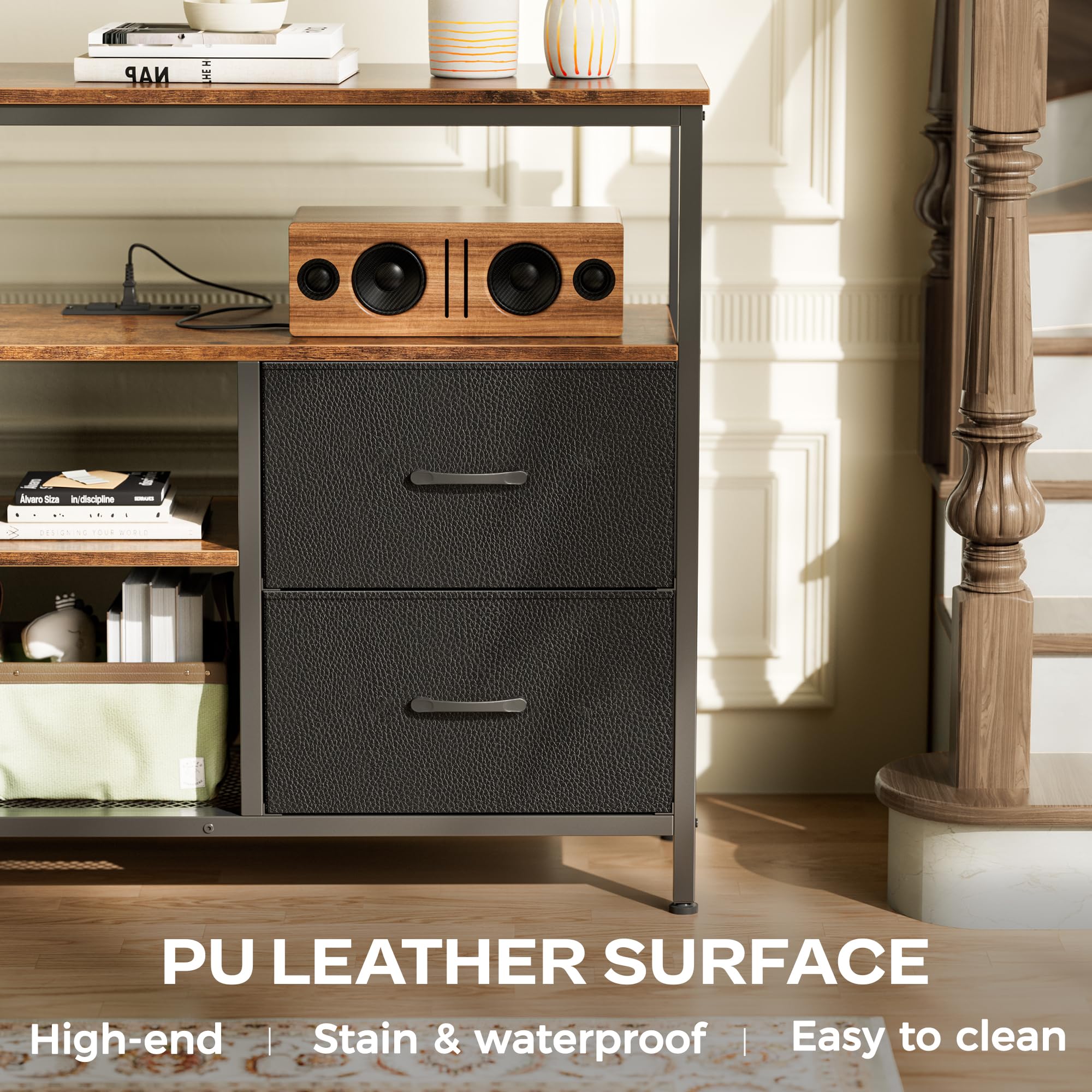 Huuger TV Stand with Power Outlets & LED Lights - 4 Drawer Media Console with Open Shelf for 50-43 Inch TVs - Rustic Brown & Black PU Finish Dresser - Perfect for Living Room, Bedroom & Home Theater Setup