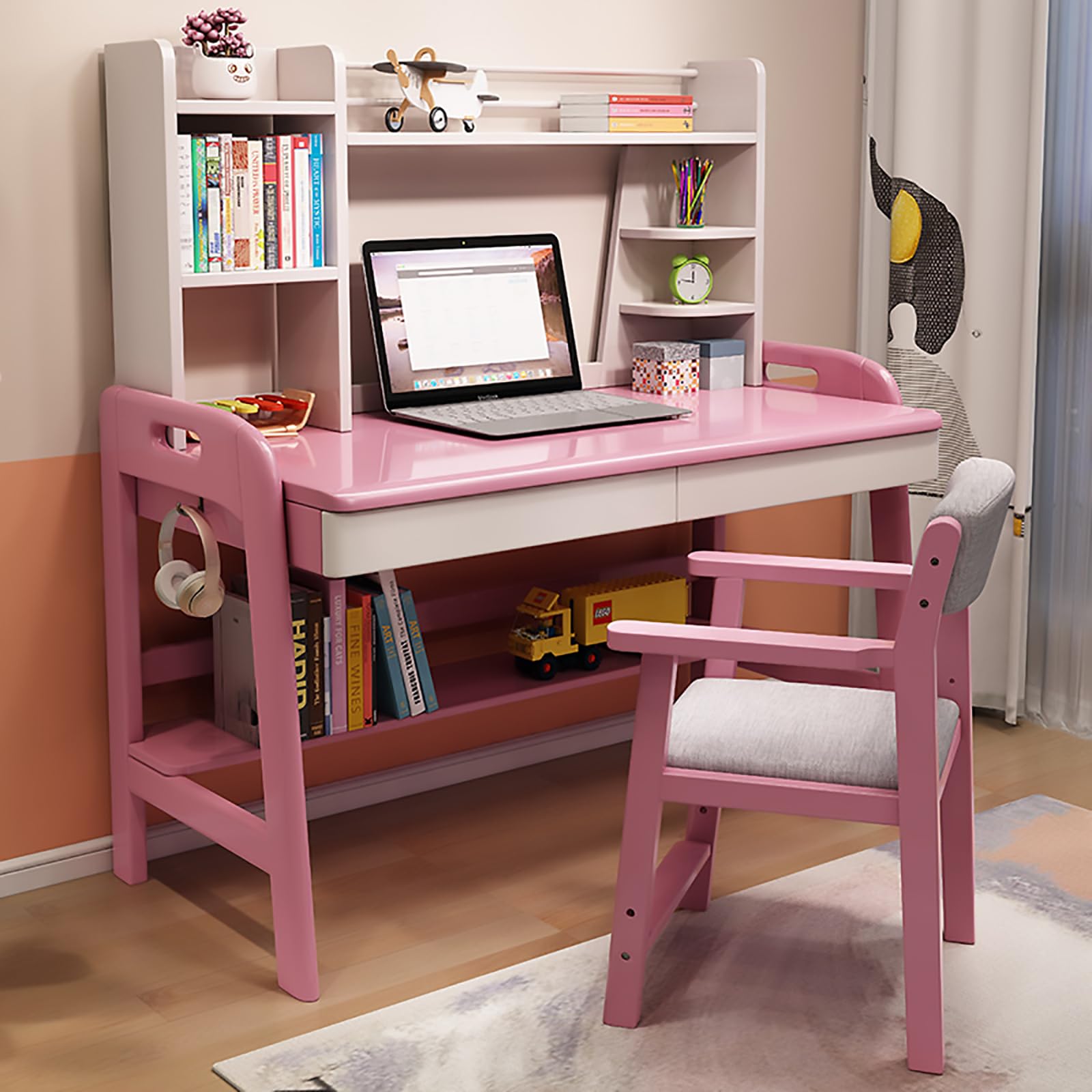 Kids Writing Desk with Drawers & Bookshelf - Solid Wood Study Table for Children | Home Office & School Learning Workstation (47.5 Inch, Pink) | Perfect for Homework, Online Classes & Creative Activities