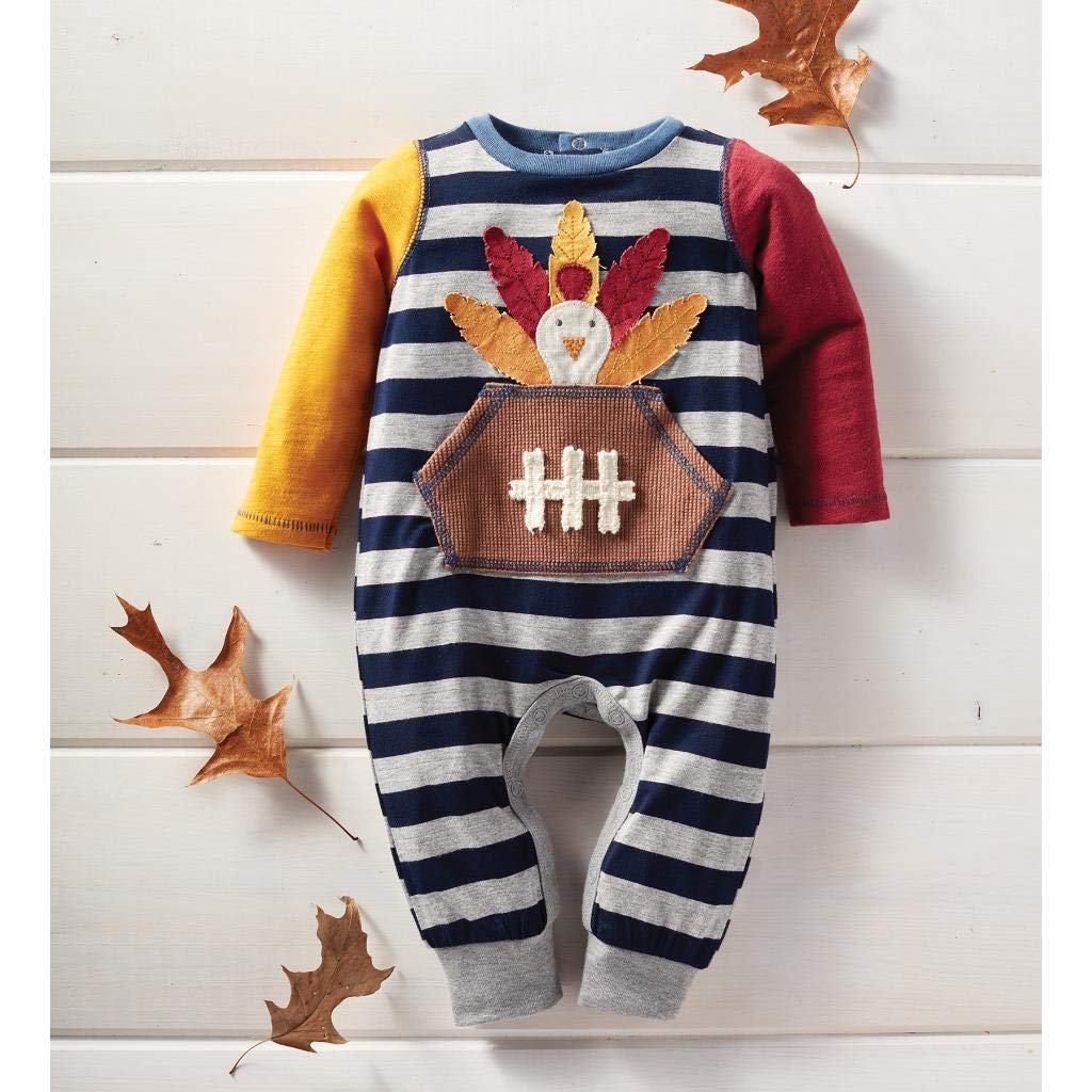 Mud Pie Turkey Football Baby Romper One-Piece (6-9 Months) Grey - Perfect for Thanksgiving, Football Games & Family Photo Outfits