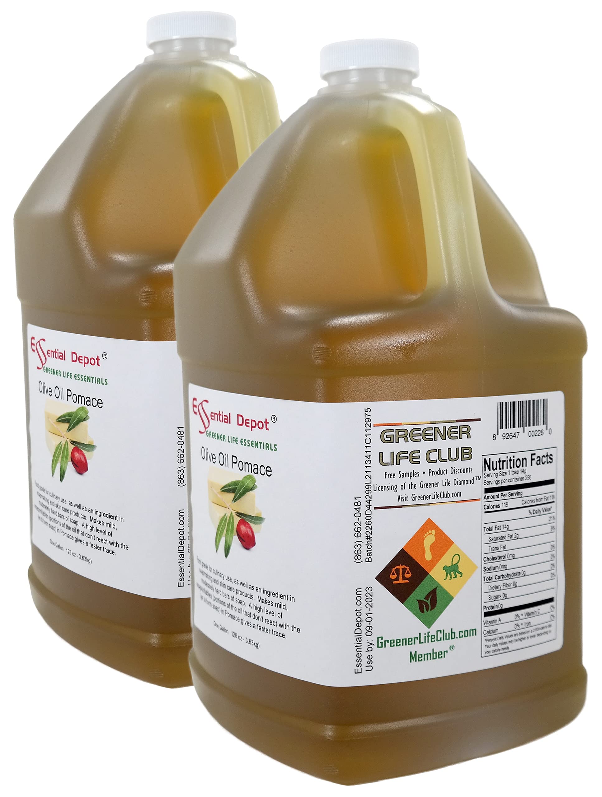 Premium Pomace Olive Oil - Food Grade, 2 Gallons (256 oz) - Pack of 2 x 1 Gallon HDPE Containers with Resealable Cap - Ideal for Cooking, Baking & Salad Dressings