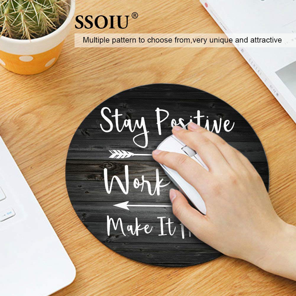 Custom SSOIU Gaming Mouse Pad with Inspirational Quote - Stay Positive Work Hard & Make It Happen - Rustic Black Old Wood White Design - Round Non-Slip Desk Mat for PC, Laptop, Office & Home Workspace