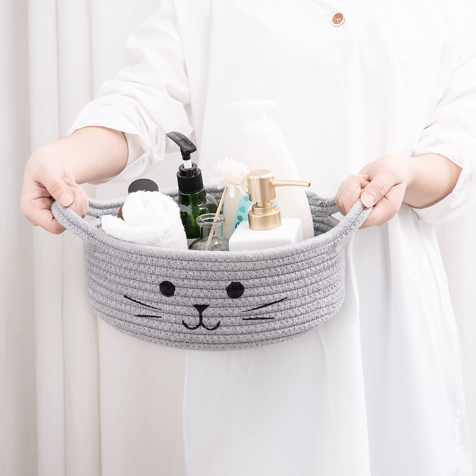 TIMEYARD Small Woven Rope Storage Basket - Grey Cat Toy Basket, Nursery Baby Basket, Decorative Gift Basket (9.8 x 4 inches) - Perfect for Living Room Organization, Baby Shower Gifts & Pet Toy Storage
