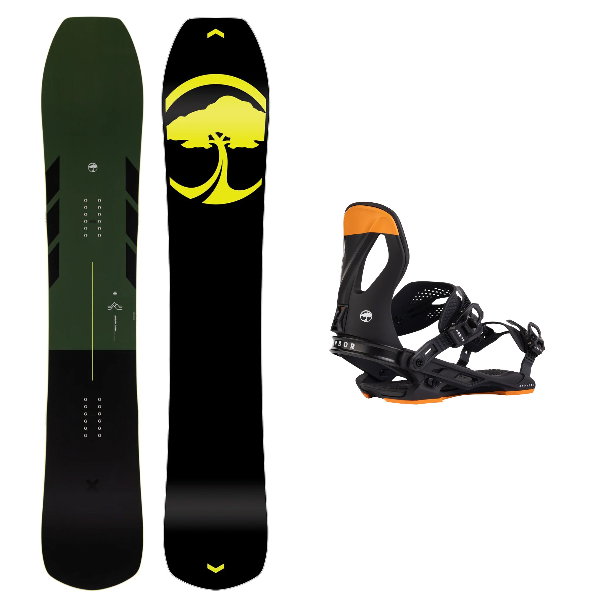 **2025 Arbor Coda Camber Snowboard with Cypress Bindings – All-Mountain Freestyle Snowboard for Powder, Park & Backcountry Riding**