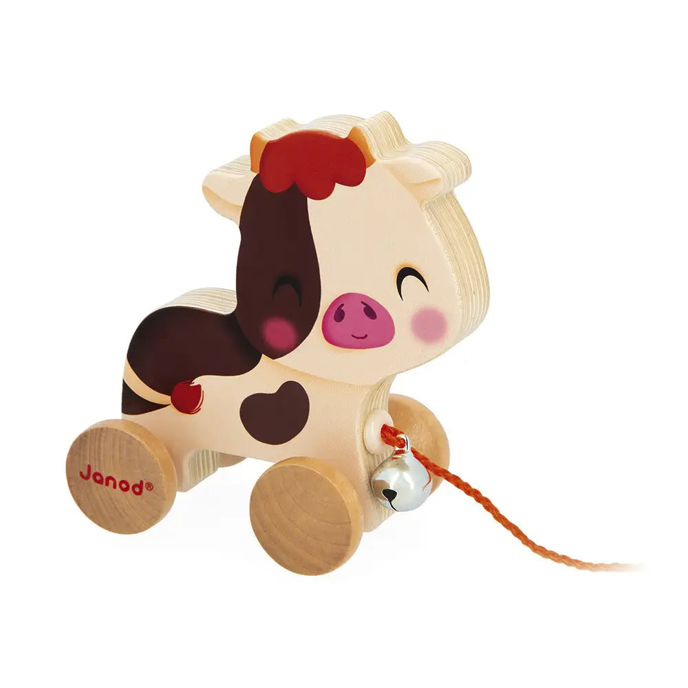 Janod Wooden Pull Along Cow Toy - Farm Animal Pull Toy for Toddlers, Kids Ages 1-3 - Perfect for Early Learning & Imaginative Play (Farm Theme)