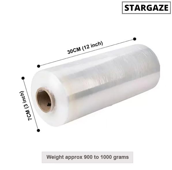 STARGAZE 12 Inch x 200 Meters Heavy Duty Plastic Wrap Roll - 950g Pack of 1 - Clear Stretch Film for Moving, Shipping, Storage & Food Preservation - Industrial Strength Packing Wrap for Boxes & Pallet Securing