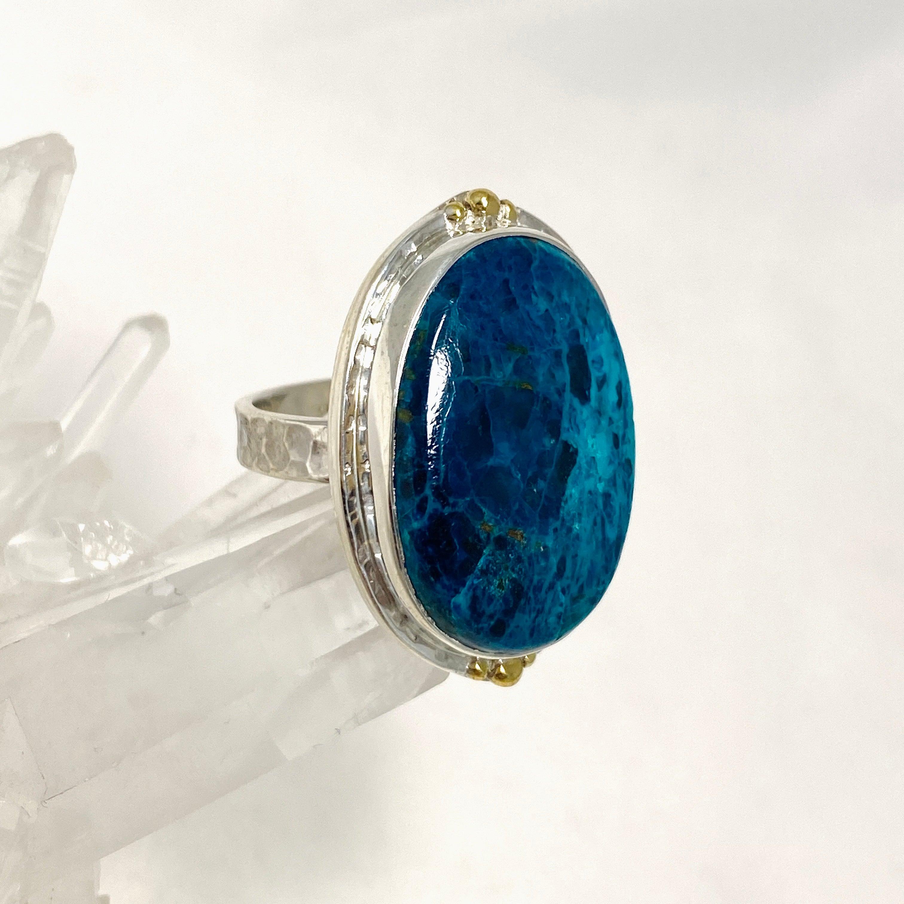 Shattuckite Oval Ring with Brass Accents - Size 9 Blue Gemstone Jewelry KRGJ3227 | Healing Crystal Ring for Meditation & Spiritual Energy