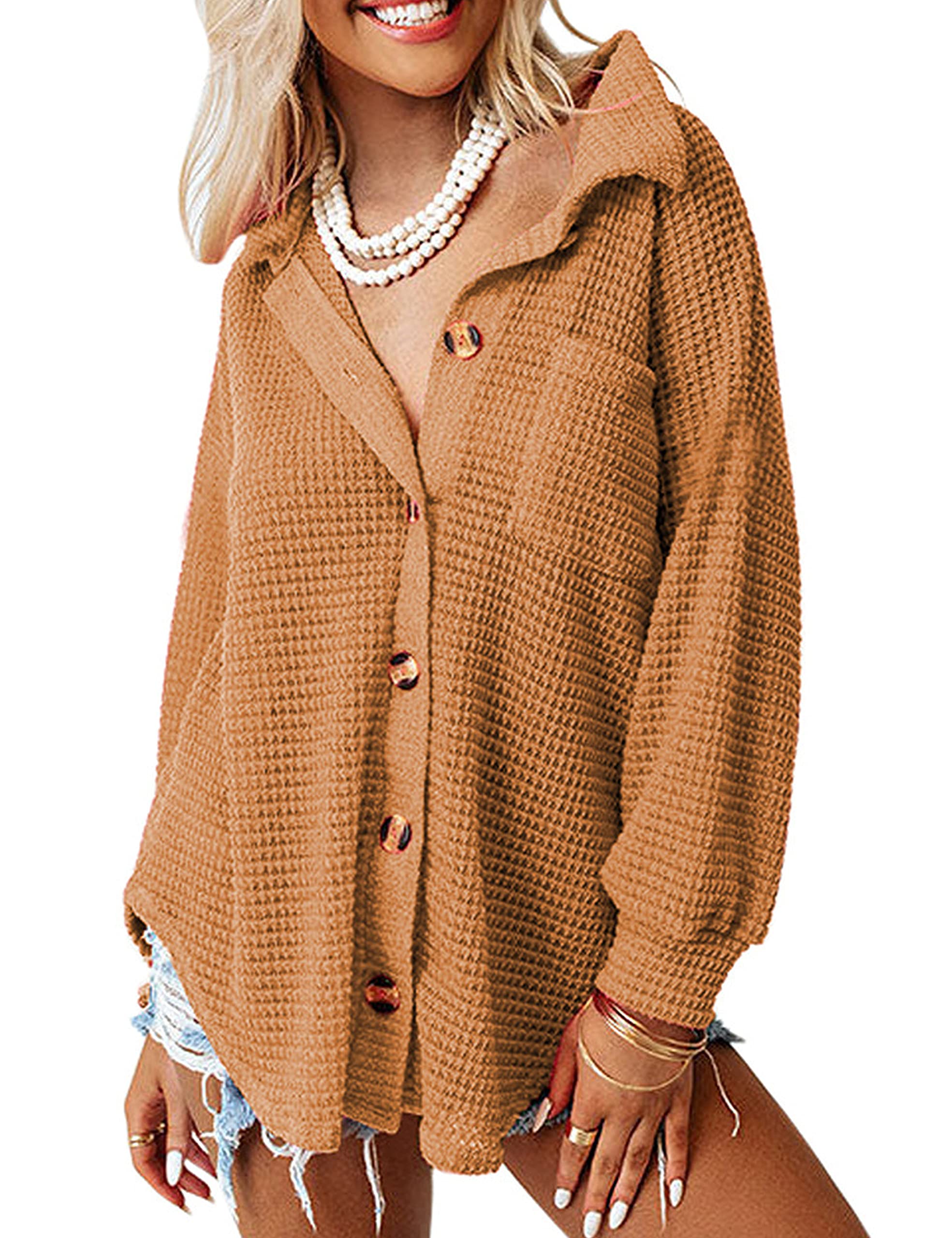 EsheSy Women's Waffle Knit Shacket - Button Down Oversized Batwing Sleeve Shirt Jacket for Fall & Winter | Casual Outfits, Layering, Office Wear & Outdoor Activities