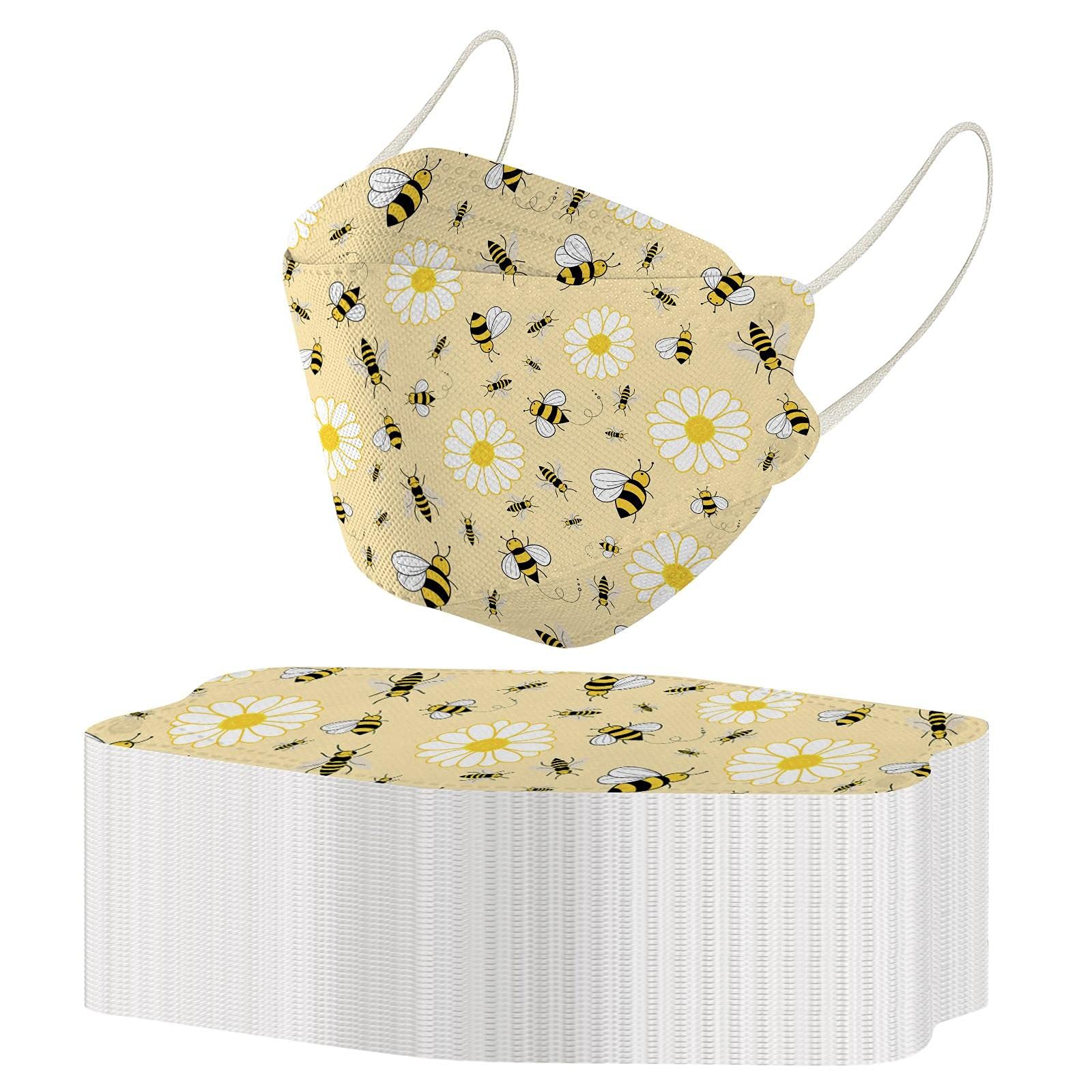 Cute Bee KF94 Disposable Face Masks with Kawaii Bee Print - 4-Ply Fish Type Full Face Protection for Women & Men - Perfect for School, Work, Travel and Daily Outdoors Protection