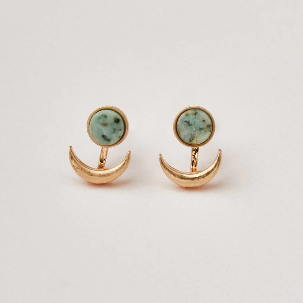 African Turquoise Jasper Gold Moon Phase Ear Jacket - Boho Chic Dangle Earrings for Women, Handmade Gemstone Jewelry | Perfect for Festivals, Weddings & Everyday Wear