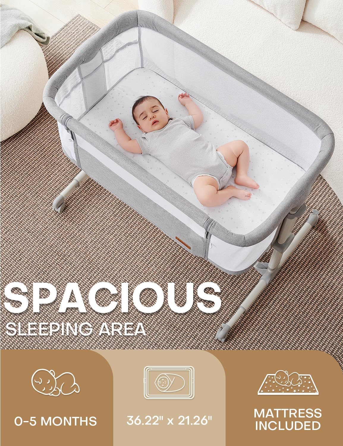 Besrey Baby Bassinet Bedside Sleeper - Extra Wide Adjustable Crib with Wheels & 360° Swivel Lock | 9 Height Positions for Newborns | Includes Mattress | Perfect for Nursery, Bedroom & Late-Night Feedings