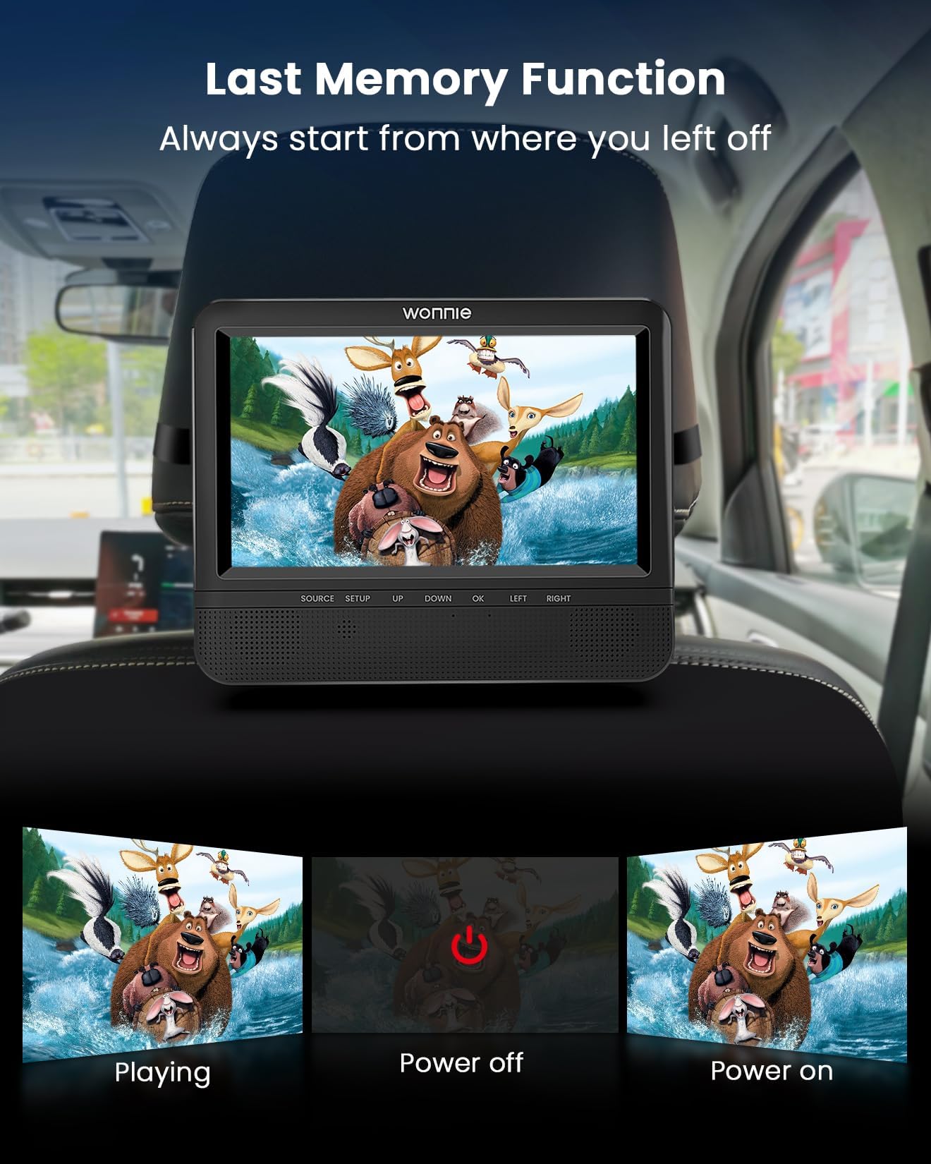 WONNIE 7.5 Inch Portable Car DVD Player - Dual Screen Playback with Headrest Strap, Supports Last Memory Function, AV Out/In, USB/SD Compatibility, All Region Free - Perfect for Road Trips & Family Travel Entertainment