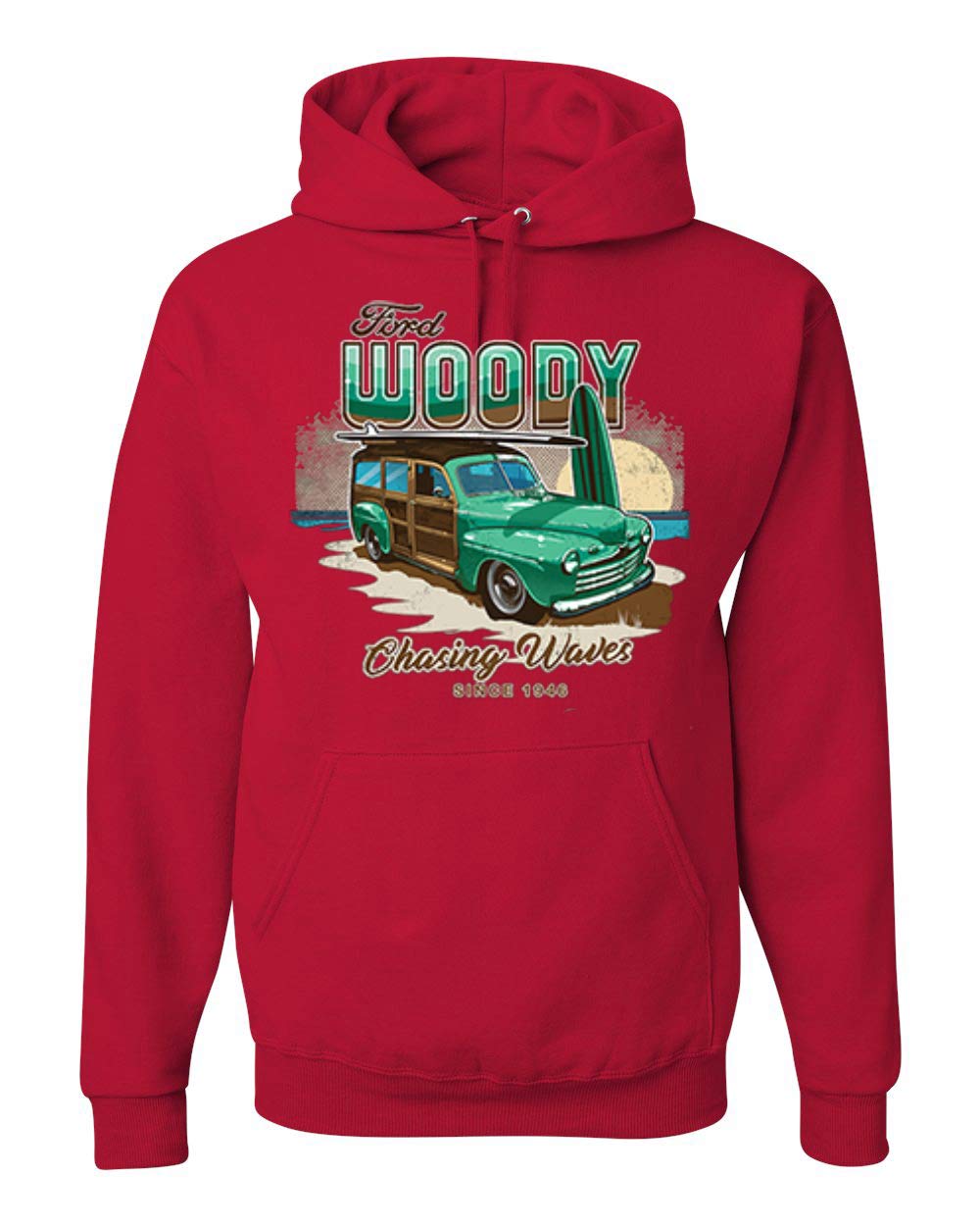 Wild Bobby 1946 Vintage Ford Woody Surfing Waves Graphic Hoodie - Retro Car & Truck Unisex Sweatshirt - Perfect for Beach Outings & Car Enthusiast Fashion