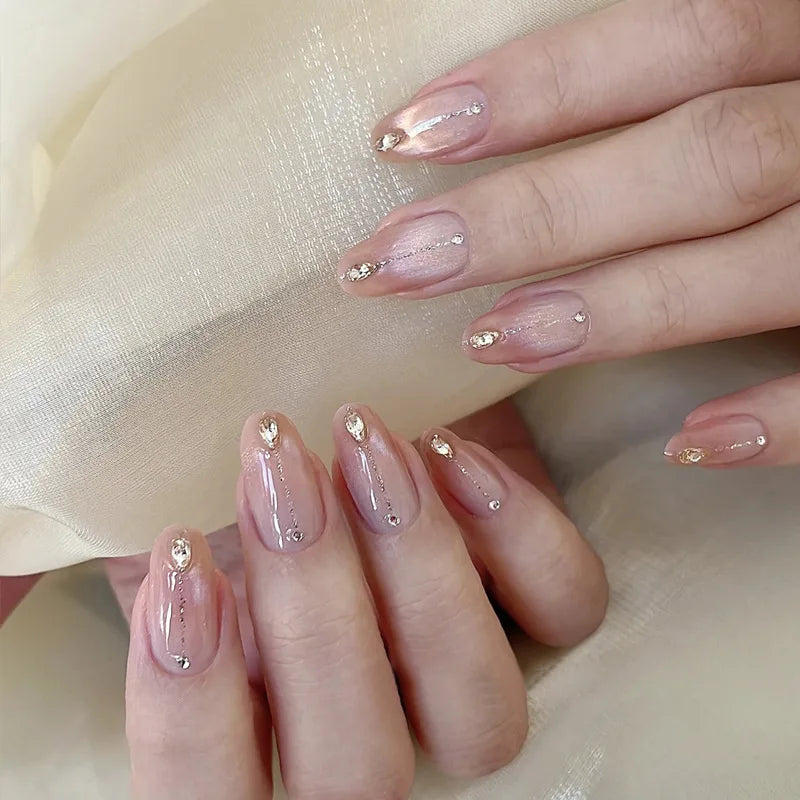24Pcs Spring False Nails - Short Almond Oval Press On Nails with Red Love Rhinestone Designs | Trendy Nail Stickers for Women | Perfect for Parties, Weddings & Date Nights