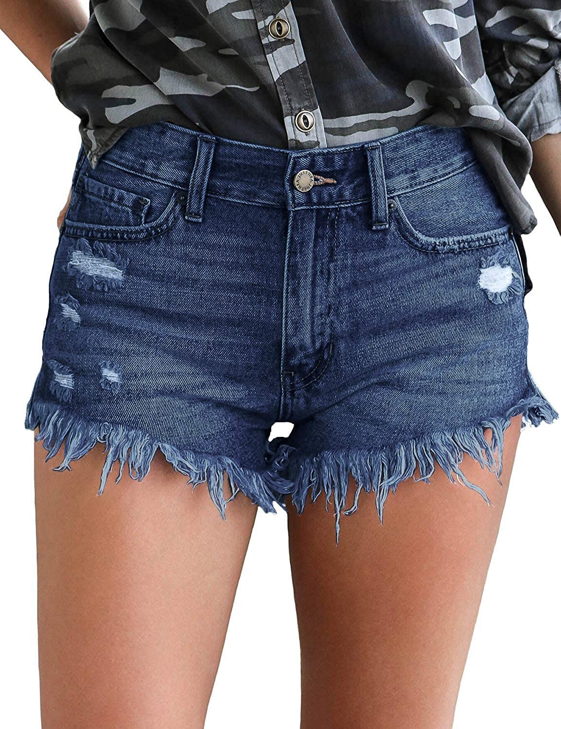 Women's High Waisted Distressed Denim Shorts - Frayed Raw Hem Ripped Stretchy Jean Shorts for Summer | Casual Outfit, Beach Vacation, Music Festival