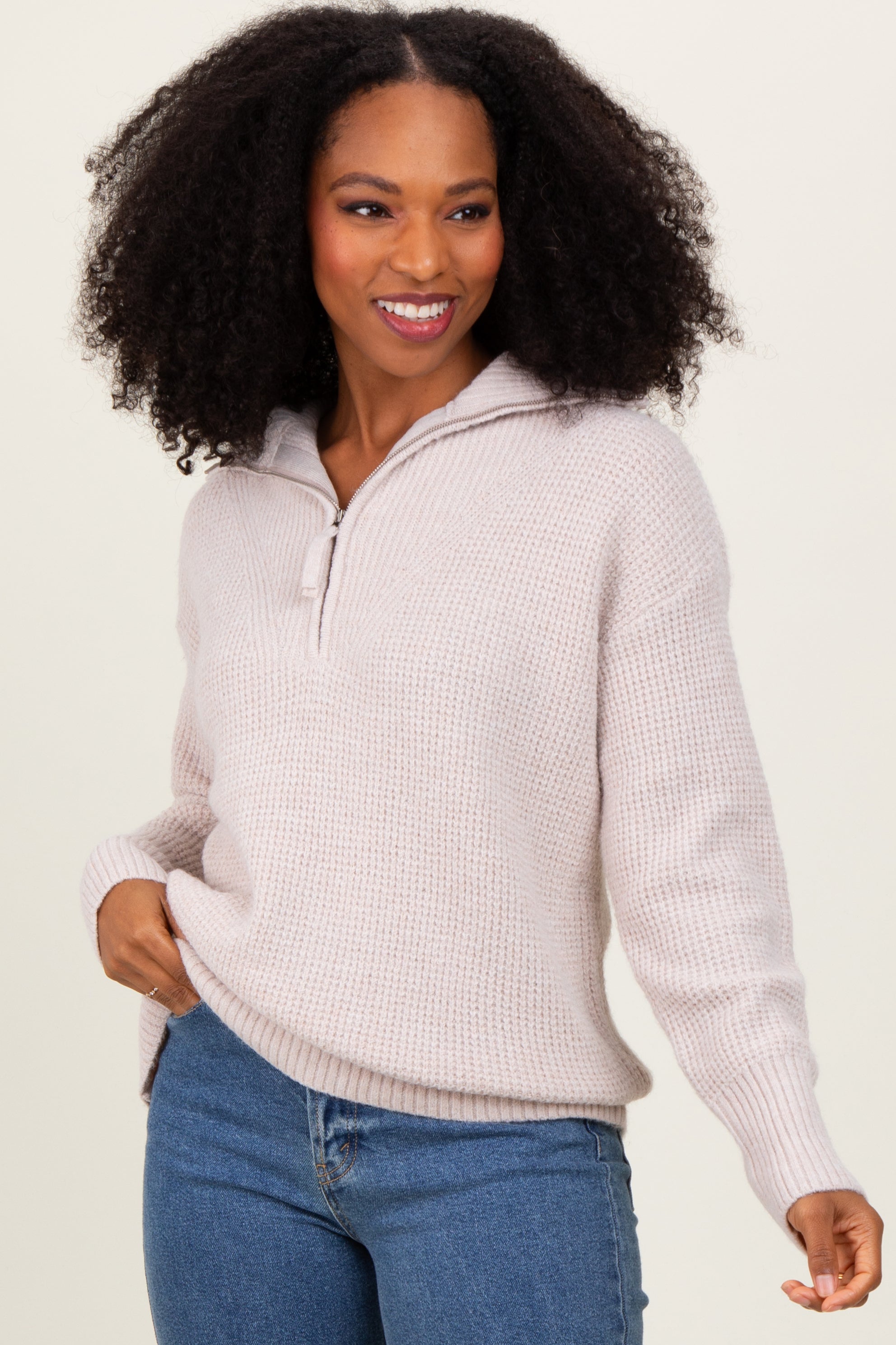 Beige Half Zip Pullover Sweater for Women - Soft & Cozy Knit Sweatshirt - Casual Fall & Winter Fashion - Perfect for Work, Travel & Outdoor Activities