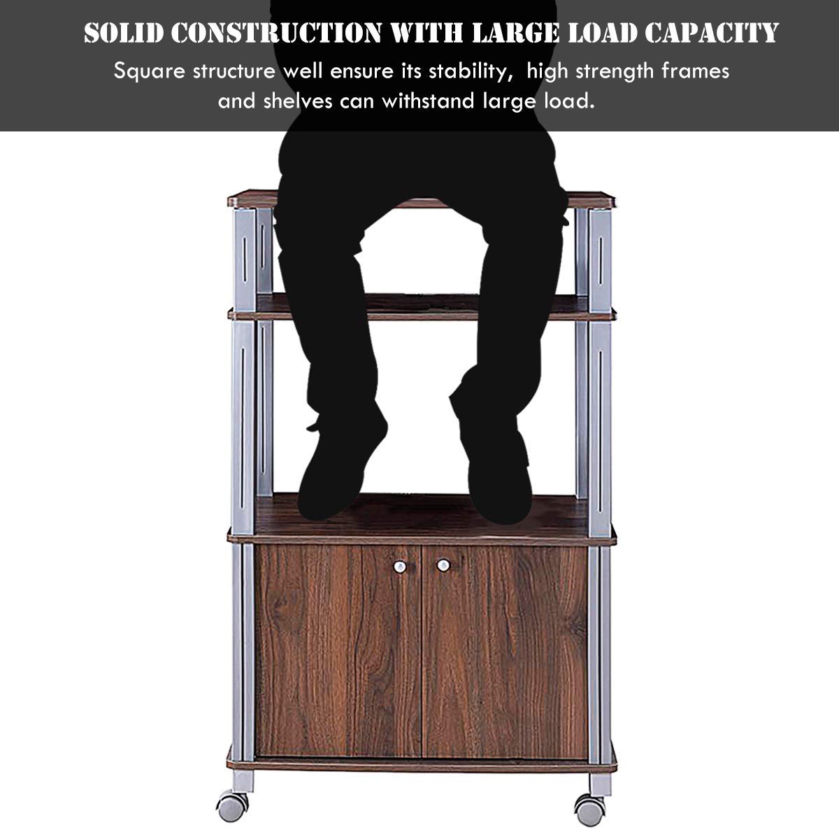 3-Tier Rolling Microwave Stand with Utility Shelves - Multifunctional Kitchen Baker’s Rack, Spice Organizer & Storage Cart for Home, Dining Room or Commercial Use (Brown) | Perfect for Small Spaces, Apartment Kitchens & Restaurant Prep Stations