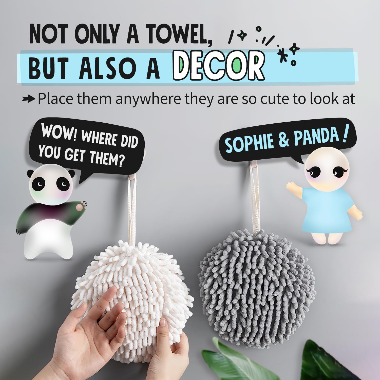 Sophie & Panda Soft Fuzzy Ball Hand Towels Set of 2 - Super Absorbent White & Gray Bathroom Towels for Quick Drying | Decorative Guest Towels for Powder Room, Kitchen & Spa Use