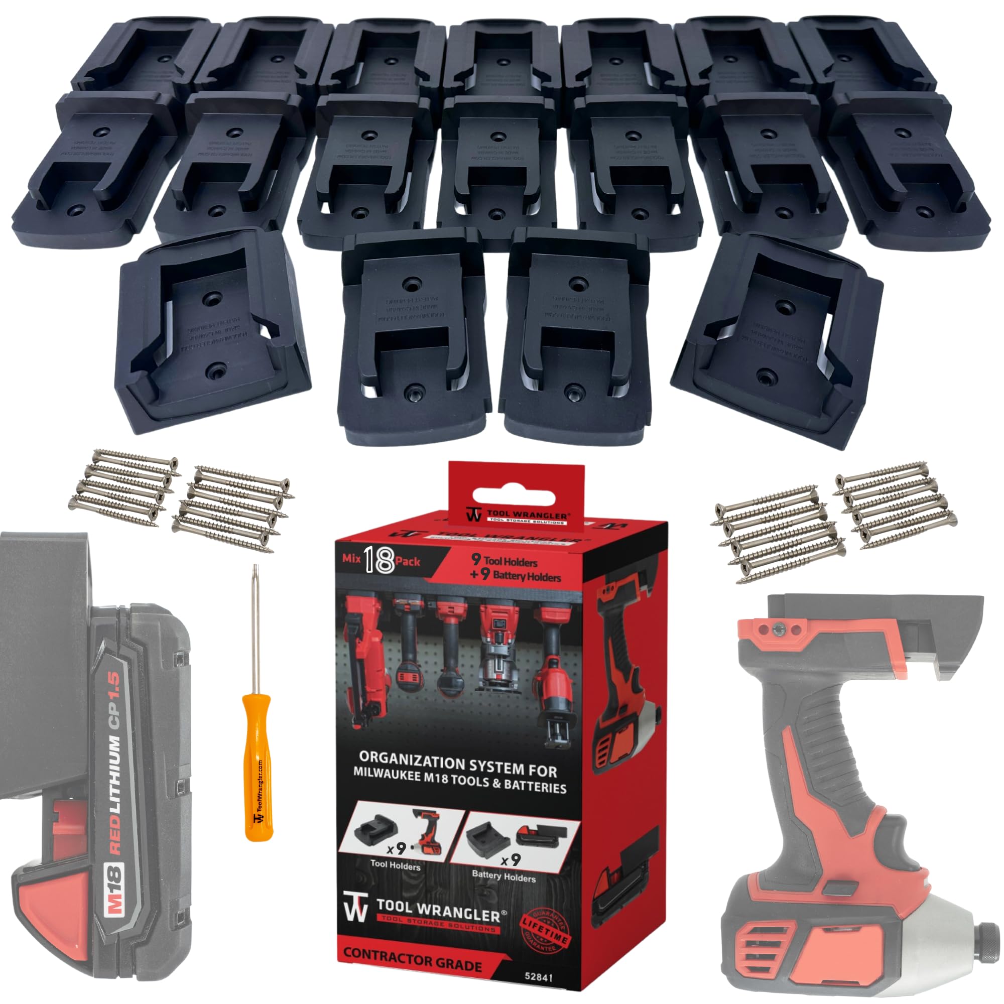 Milwaukee M18 Tool & Battery Organizer - 18pc Combo (9 Tool Holders + 9 Battery Holders) | Heavy-Duty Wall Mount for Workshop & Garage | Made in USA with Screws Included | Perfect for Milwaukee M18 Power Tools Storage & Organization