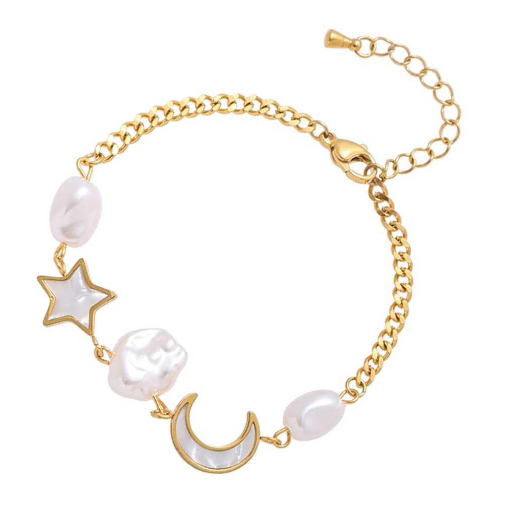 Holibanna Beaded Pearl Bracelet for Women - Adjustable Star & Moon Charm Bracelet with Titanium Steel - Elegant Ankle & Wrist Bangle for Daily Wear, Gifts, and Boho Fashion