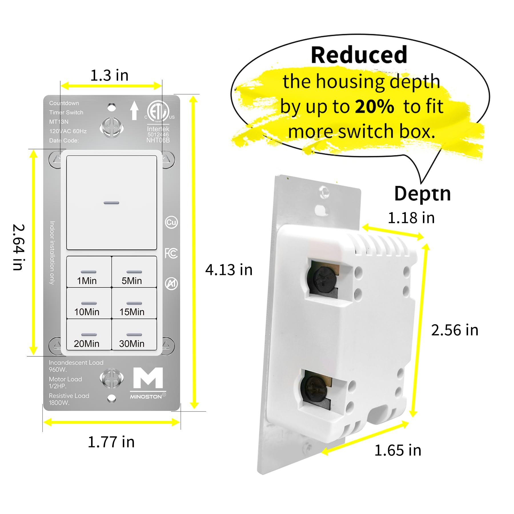 Minoston 30 Minute Countdown Timer Switch - Dimmable LED Indicator, 1-5-10-15-20-30 Minute Settings, Neutral Wire Required, 120V Wall Bath Fan Timer (White, MT13N) - Perfect for Bathroom Exhaust Fans, Lights, and Ventilation Systems