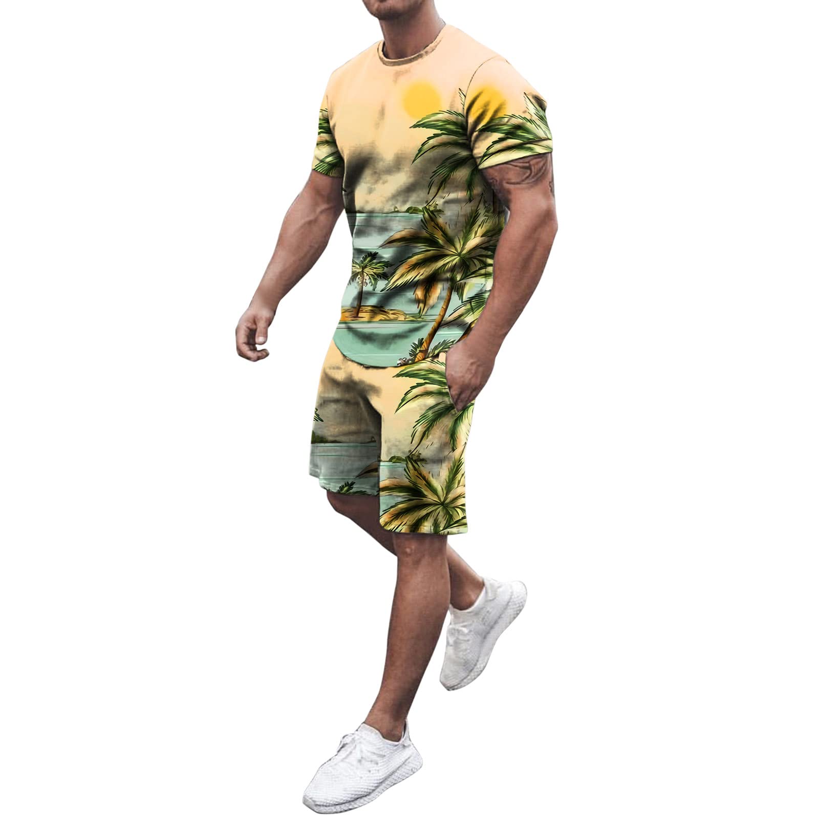STRY Men's White Tracksuit Set - Summer Short Sleeve Printed Shirt & Shorts 2-Piece Outfit with Pockets | Beachwear, Gym, Casual Streetwear