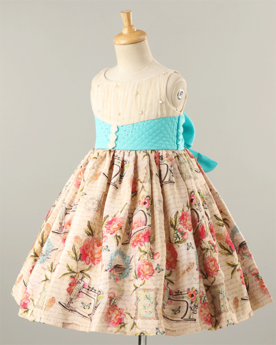 Embellished Printed Party Dress with Quilted Raw Silk - Multicolor Formal Gown for Weddings, Cocktail Parties & Special Occasions