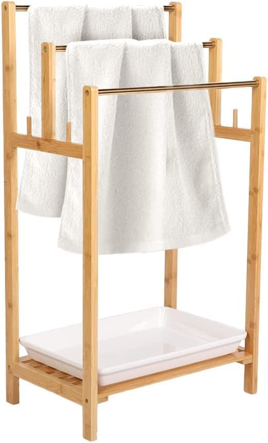 Premium Wooden Freestanding Multi-Tier Towel Rack Stand with Shelf - Bathroom, Bedroom, Gym & Kitchen Towel Holder - Space-Saving Ladder Design for Hand Towels, Blankets & Robes (Model A37)