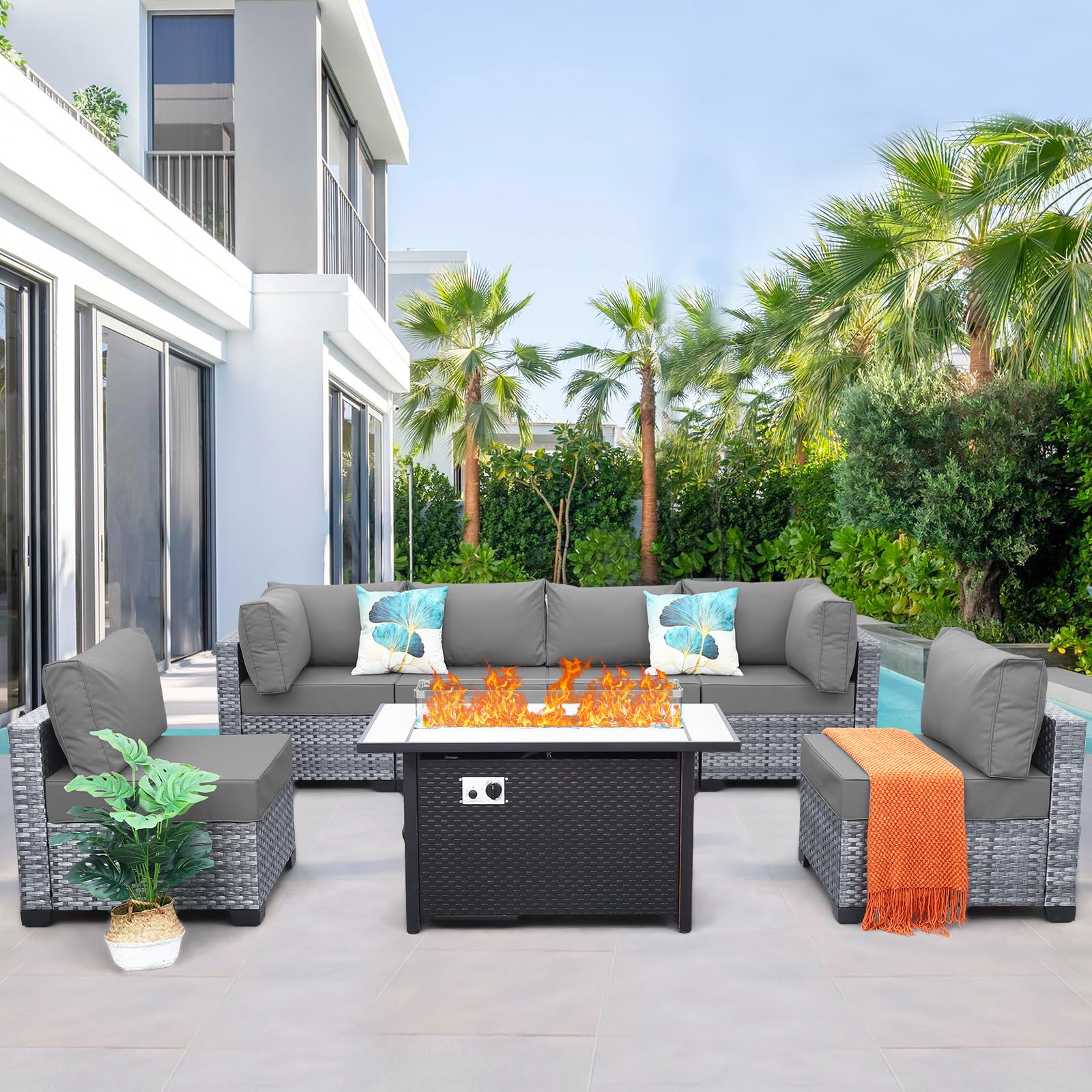 7-Piece Wicker Patio Furniture Set - PE Rattan Outdoor Sectional Sofa with Fire Pit Table, Non-Slip Cushions & Cover (Light Grey) - Perfect for Backyard, Garden, Poolside & Outdoor Entertaining
