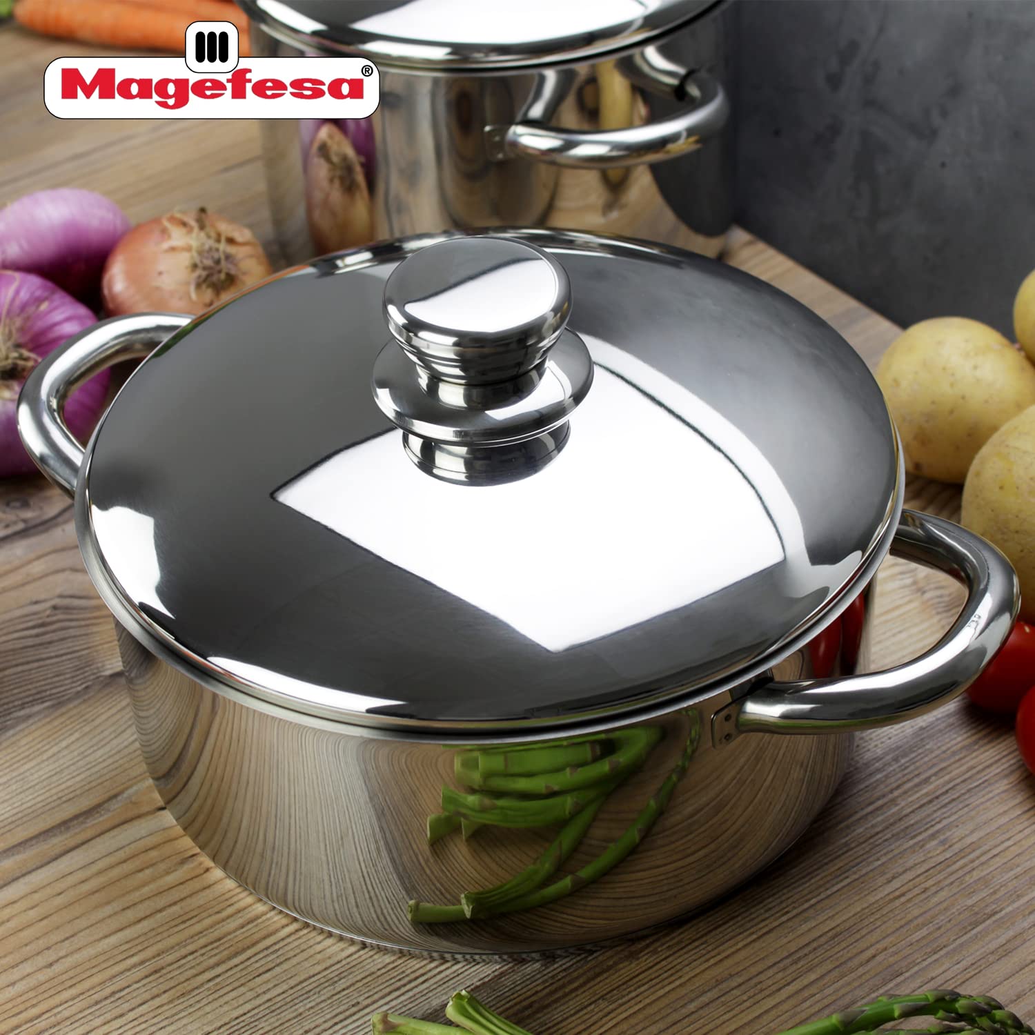 MAGEFESA 6-Piece Stainless Steel Cookware Set for Couples - Includes Stockpot, Dutch Oven, Saucepan & Deep Fry Pan - Induction Compatible for All Stovetops - Easy Clean & Dishwasher Safe - Perfect for Family Cooking, Meal Prep & Entertaining