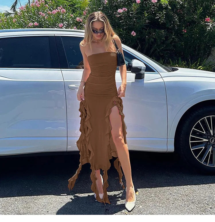 Blue Ruffle Strapless Dress for Women - Sexy Split Slim Fringe Summer Dress, Elegant Sleeveless Backless Club Party Outfit | Perfect for Vacation, Beach, Night Out & Special Occasions