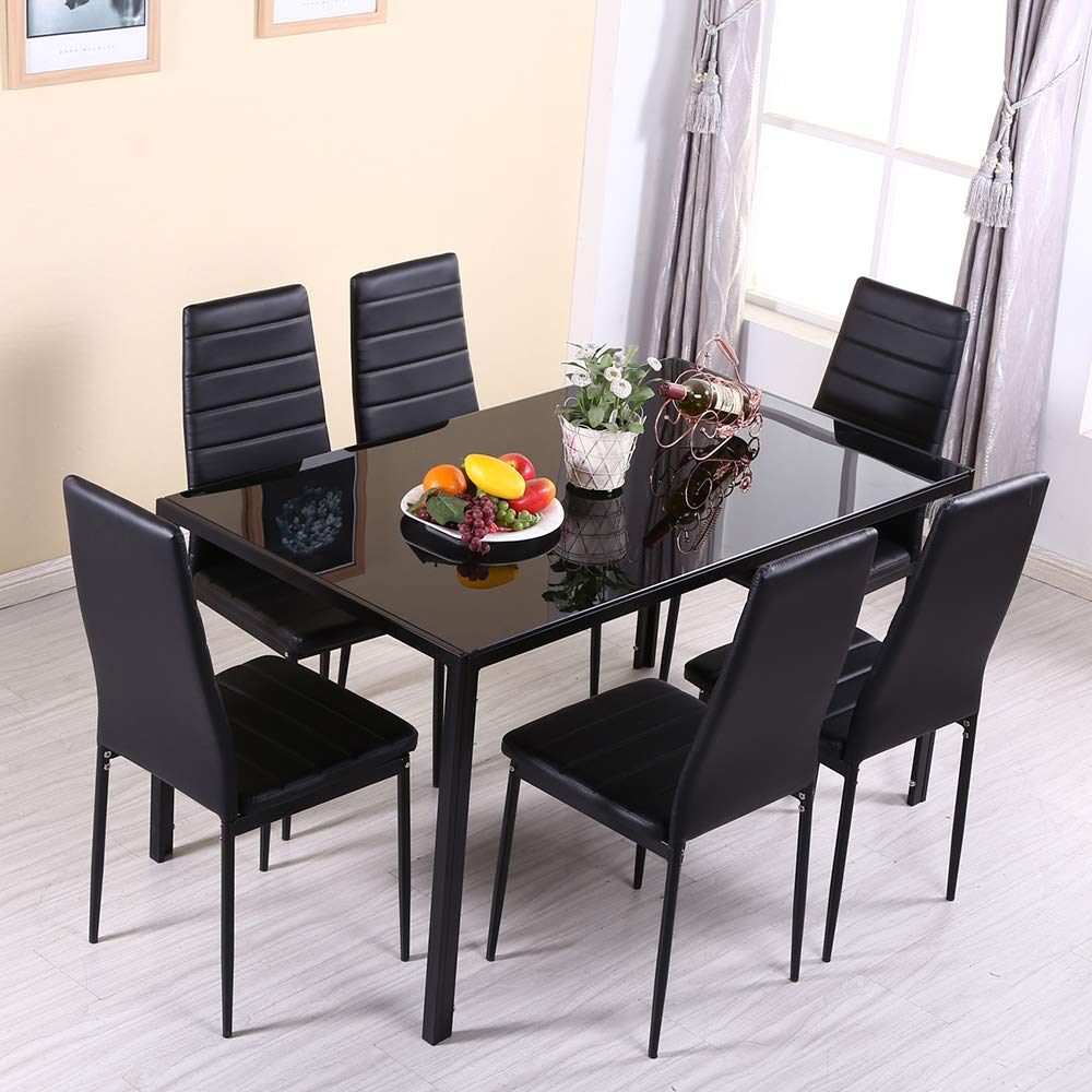 Modern 7-Piece Glass Dining Table Set with 6 Faux Leather High Back Chairs - Black Contemporary Kitchen & Restaurant Furniture for Home Dining Room, Small Space, and Commercial Use