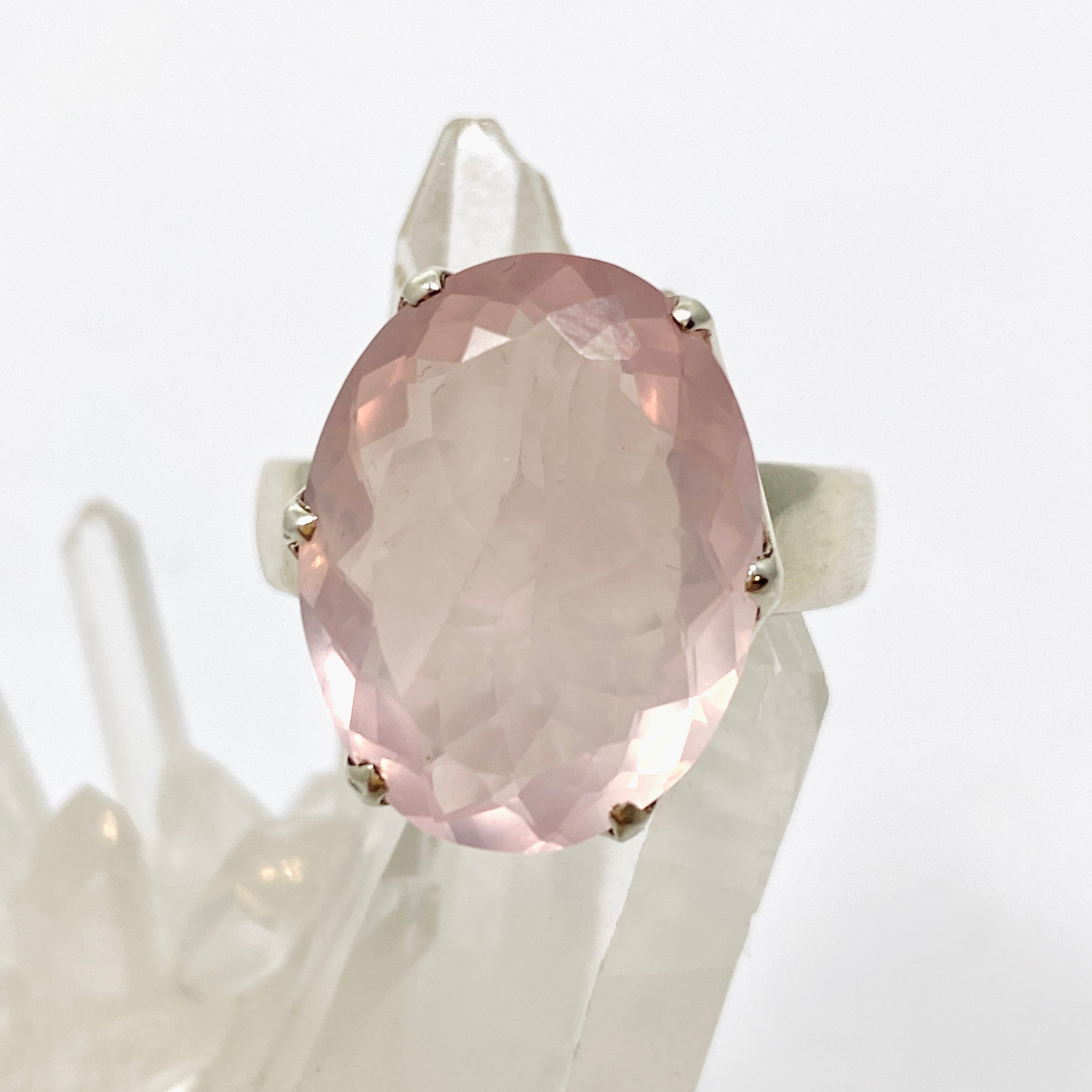 Rose Quartz Oval Faceted Ring Size 12 - Elegant Healing Crystal Jewelry for Women, Perfect for Meditation, Yoga & Spiritual Gifts (PRGJ876)