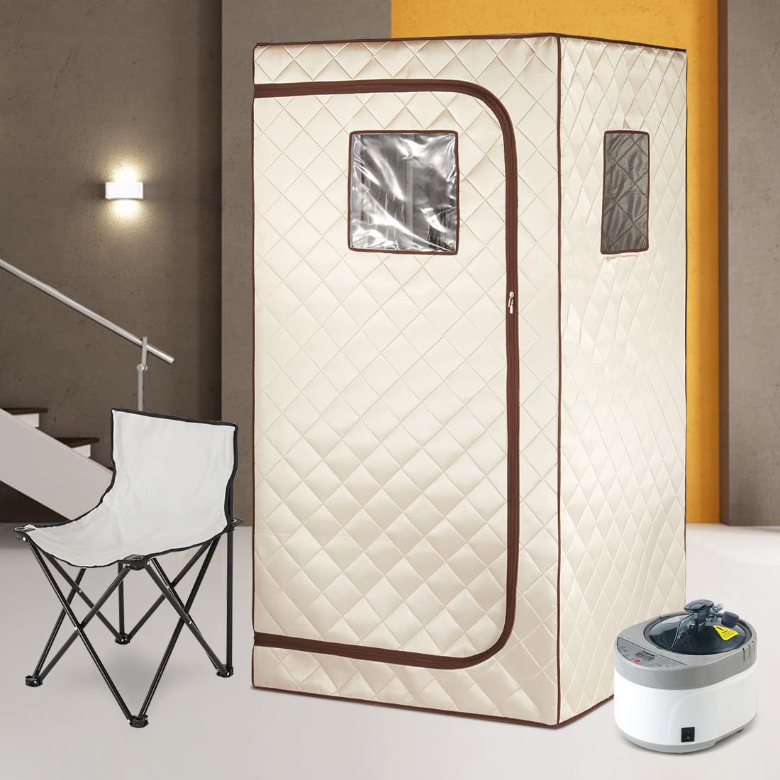 Smartmak Portable Home Steam Sauna - Full Size Personal Sauna Spa Box with 1500W Steam Generator, 4L Water Tank & 99 Min Timer | Foldable Chair & Mat Included | Remote Control | Beige Brown | Perfect for Home Relaxation, Detox & Muscle Recovery