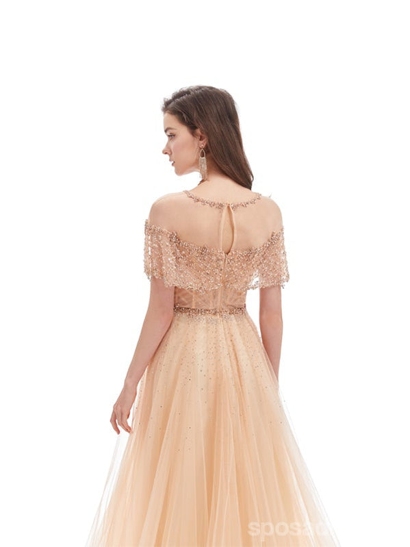 Elegant Champagne A-Line Short Sleeve Long Prom Dress for Women - Perfect for Homecoming, Formal Dances & Special Occasions | Style 12773