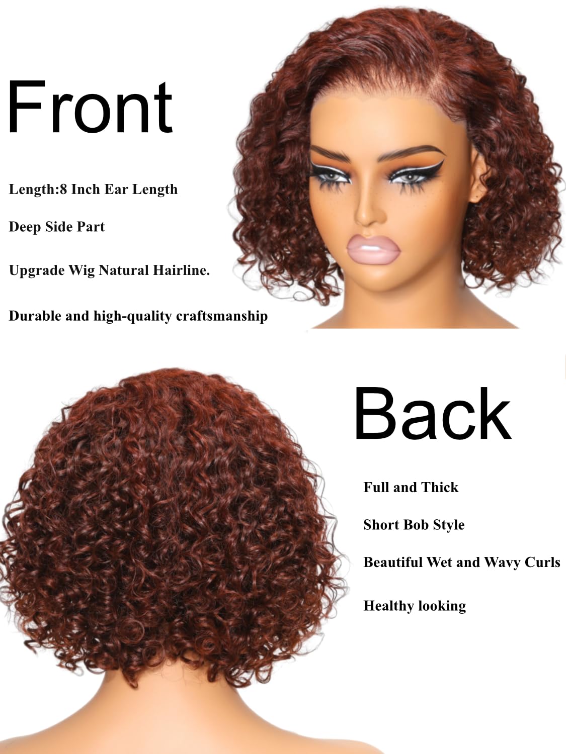 UNICE 12 Inch Short Curly Bob Wig - Human Hair Glueless Wig with Bye Bye Knots, Pre Plucked & Pre Cut 7x5 HD Lace Closure - Ready to Wear Reddish Brown Wig for Daily Wear, Cosplay & Special Occasions