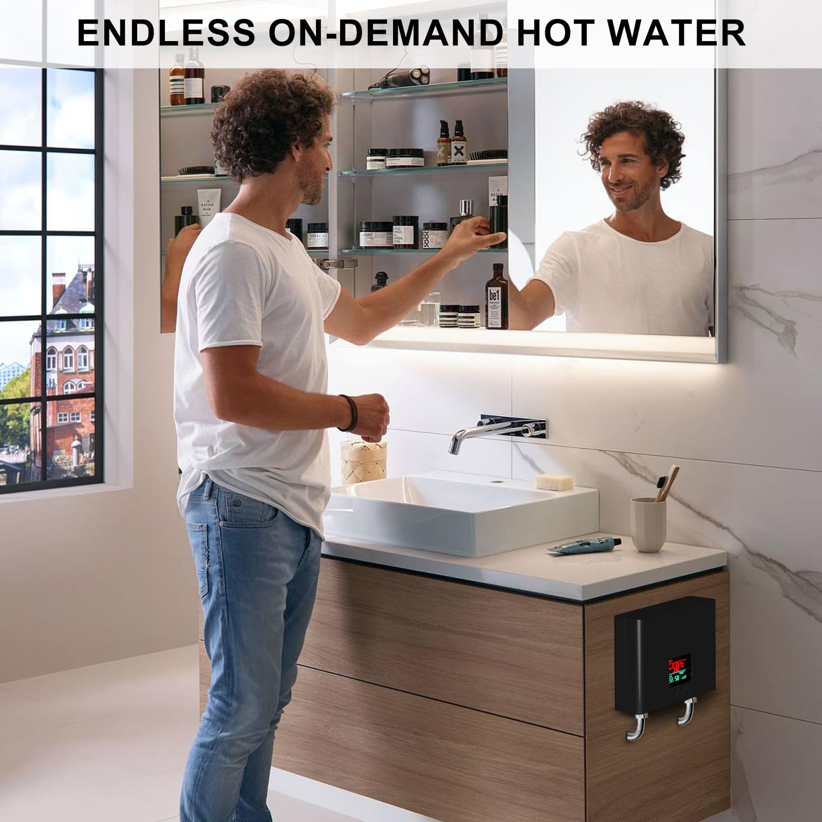 3000W Electric Tankless Water Heater with Remote Control & LED Display - 110V On-Demand Under Sink Instant Hot Water System - Automatic Control & Self-Test Function (Pure Black) - Perfect for Small Kitchens, Bathrooms & RV Use