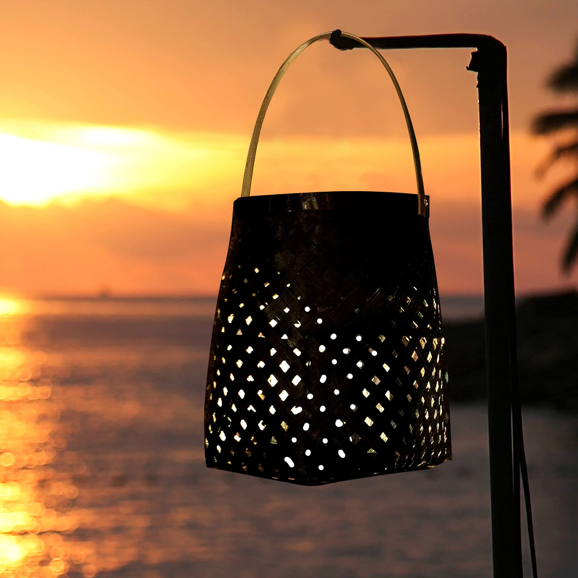 2 Pack Bamboo Candle Holder Lantern with Handle & Glass Cup Insert - Rustic Birdcage Tea Light Holder for Indoor Christmas, Dining, Wedding, Home Decor (Black) | Perfect for Centerpieces, Fireplace Mantel, and Cozy Ambiance