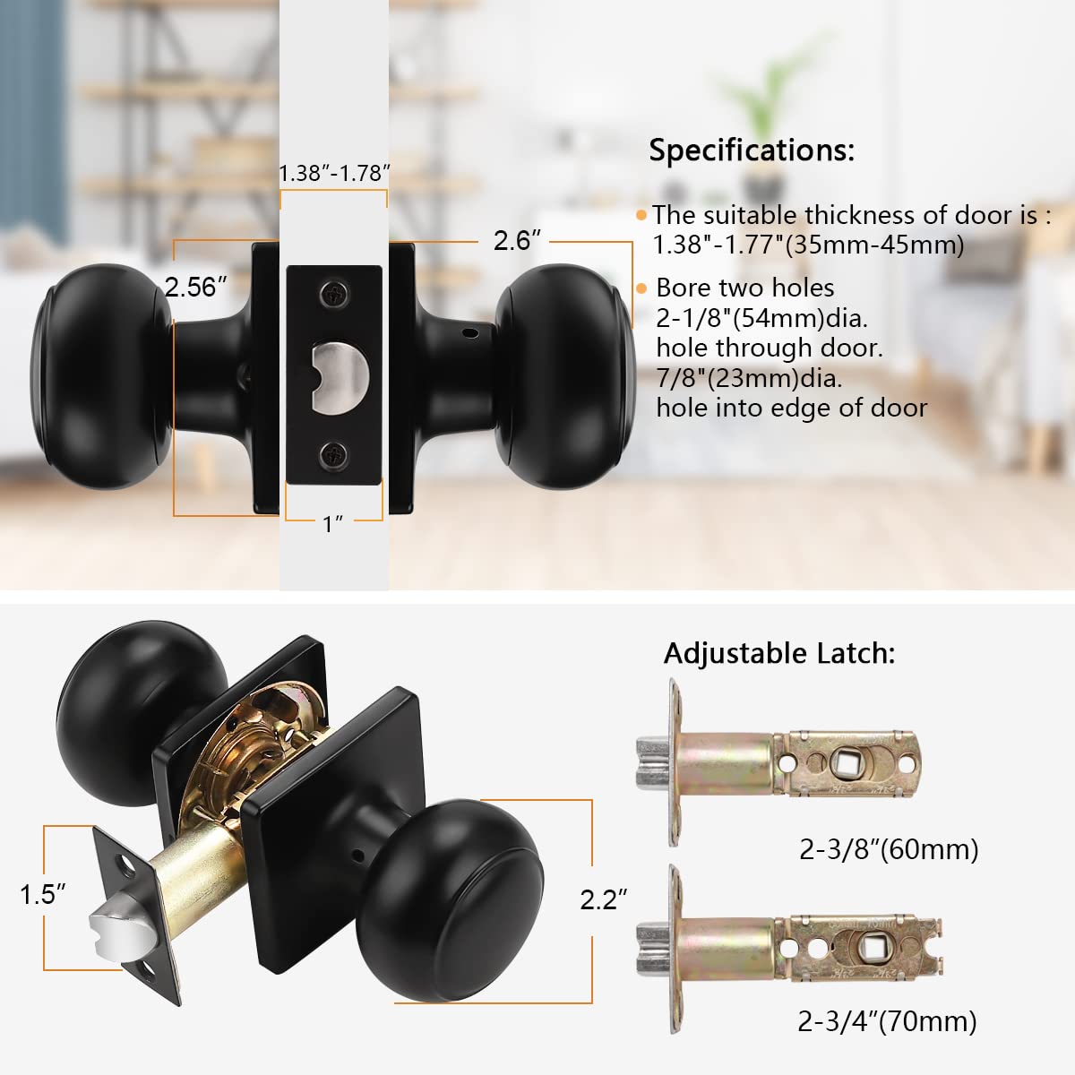 **Probrico 6-Pack Black Keyless Non-Locking Flat Ball Door Knobs - Square Rosette Interior Passage Knob for Hall, Closet & Bedroom Doors - Easy Installation & Smooth Operation**