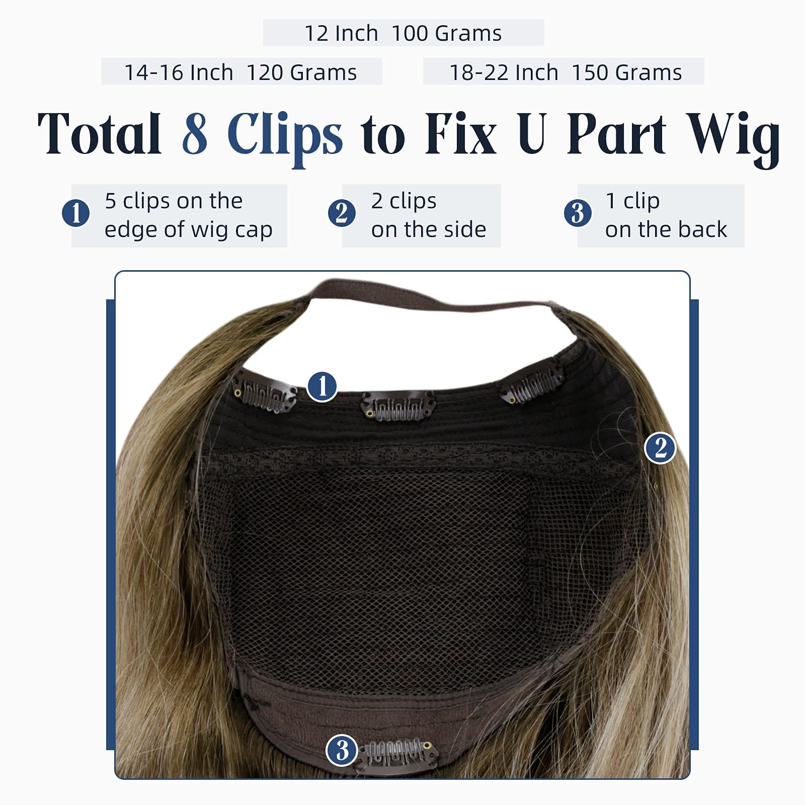 Full Shine U Part Human Hair Wigs - 20Inch Ombre Balayage Brown Blonde Remy Hair Half Wig with Clip Ins (150g) - Perfect for Daily Wear, Parties & Special Occasions