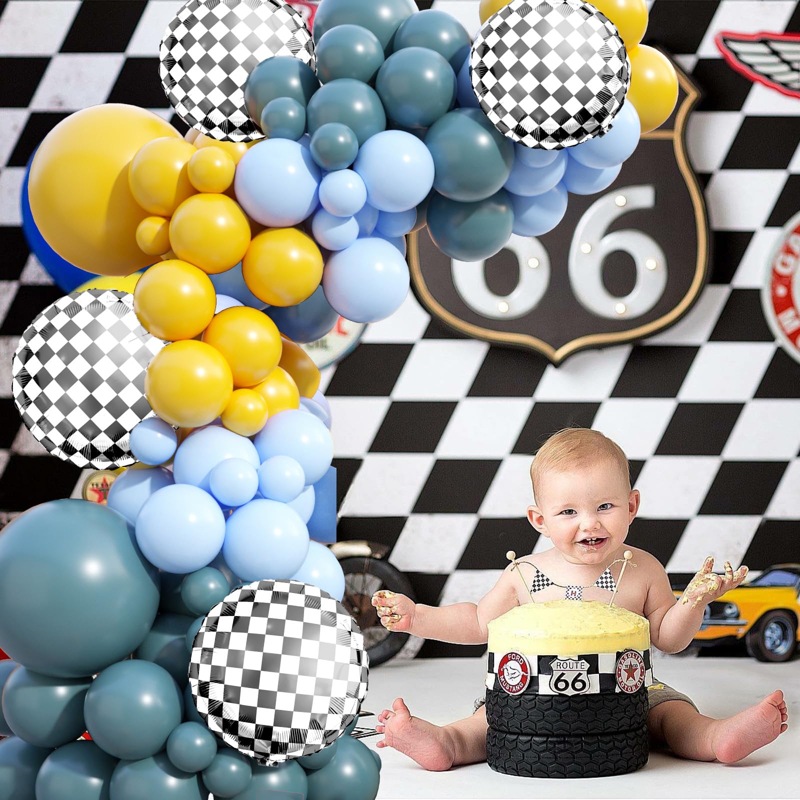 Race Car Balloons Garland Arch Kit - Retro Yellow & Blue Checkered Balloons for Kids Racing Theme Party, Baby Shower, Birthday Decorations | Perfect for Boys' Race Car Birthday Parties, Baby Showers & Themed Events