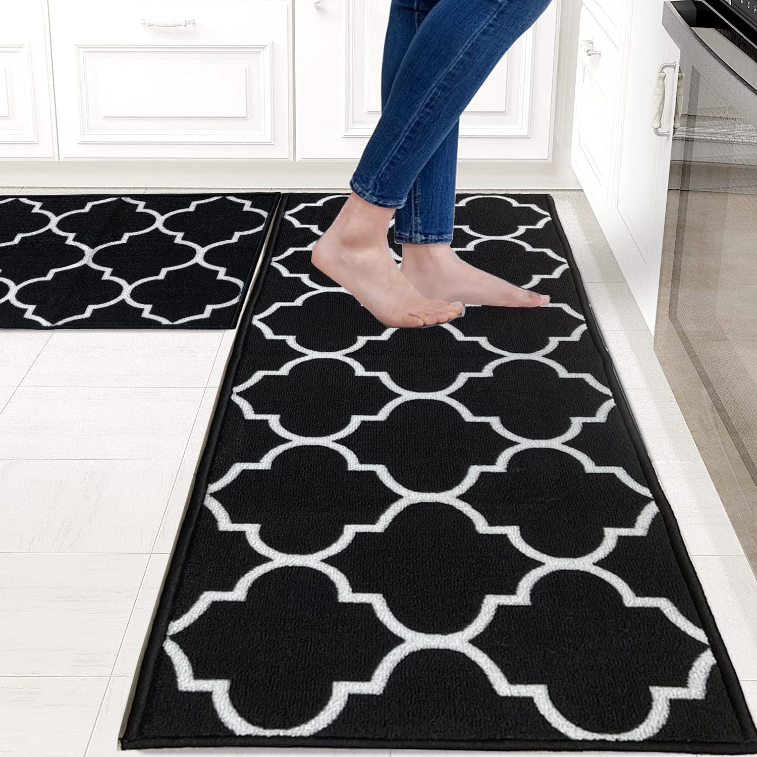 Premium Non-Slip Kitchen Rugs Set of 2 - Black Nylon Washable Floor Mats for Kitchen, Bathroom, Sink & Laundry (24