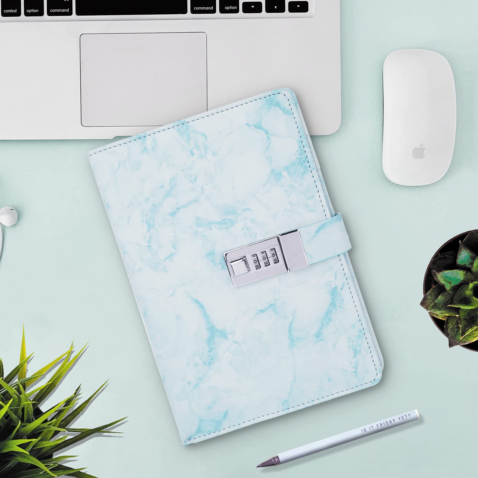 Refillable A5 Marble Diary with Combination Lock - 192 Pages Daily Journal for Girls, Women, Teens & Boys | Perfect for School, Travel, Personal Writing & Gift Giving - Blue