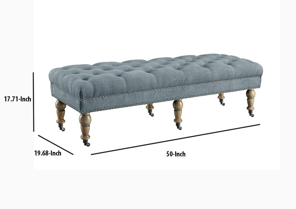 Benjara Button Tufted Upholstered Bench with Caster Wheels - Brown and Blue Velvet Storage Ottoman for Bedroom, Living Room, Entryway