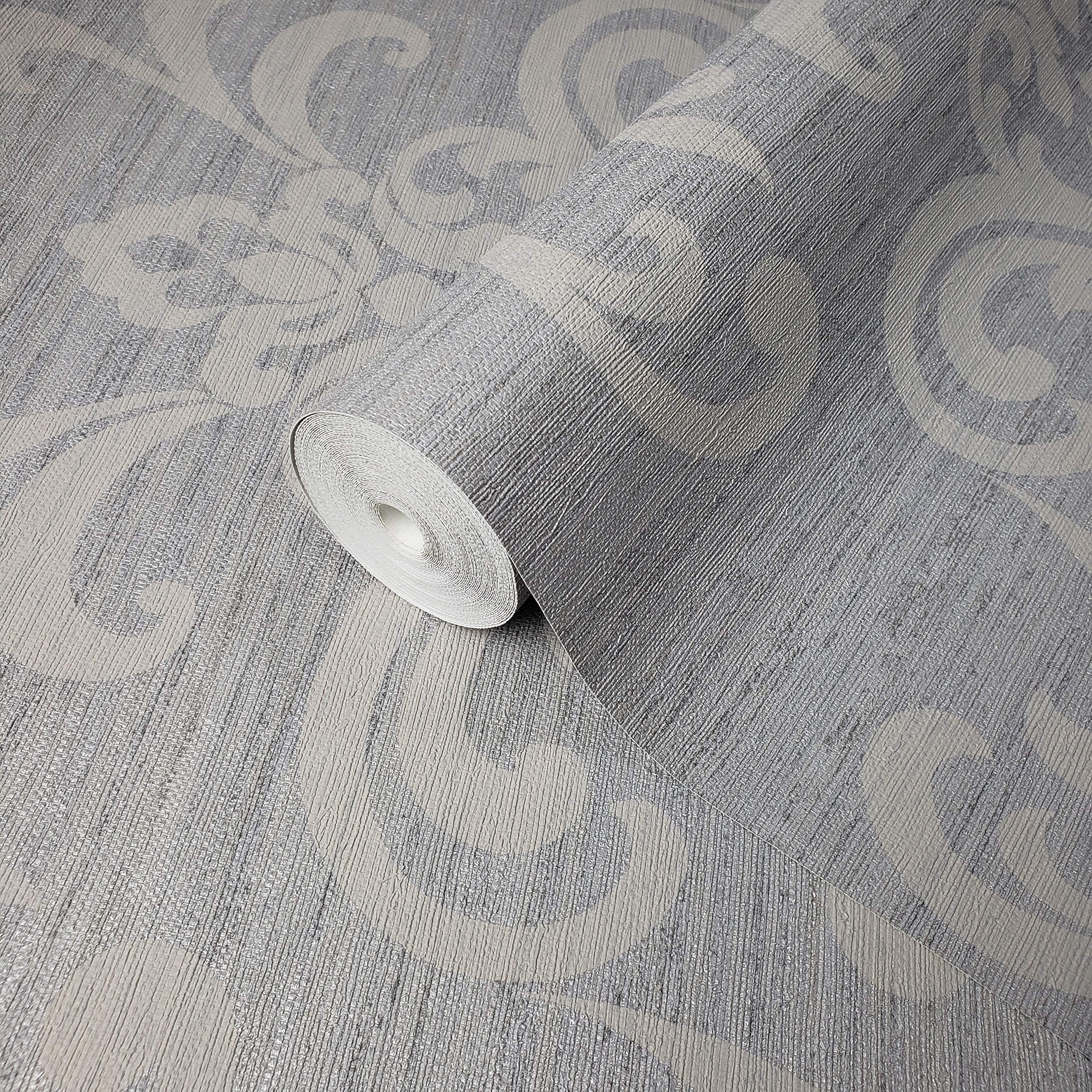 Textured Gray Damask Silver Metallic Faux Grasscloth 3D Wallpaper Roll - Peel and Stick Removable Wallpaper for Living Room, Bedroom, Dining Room Decor