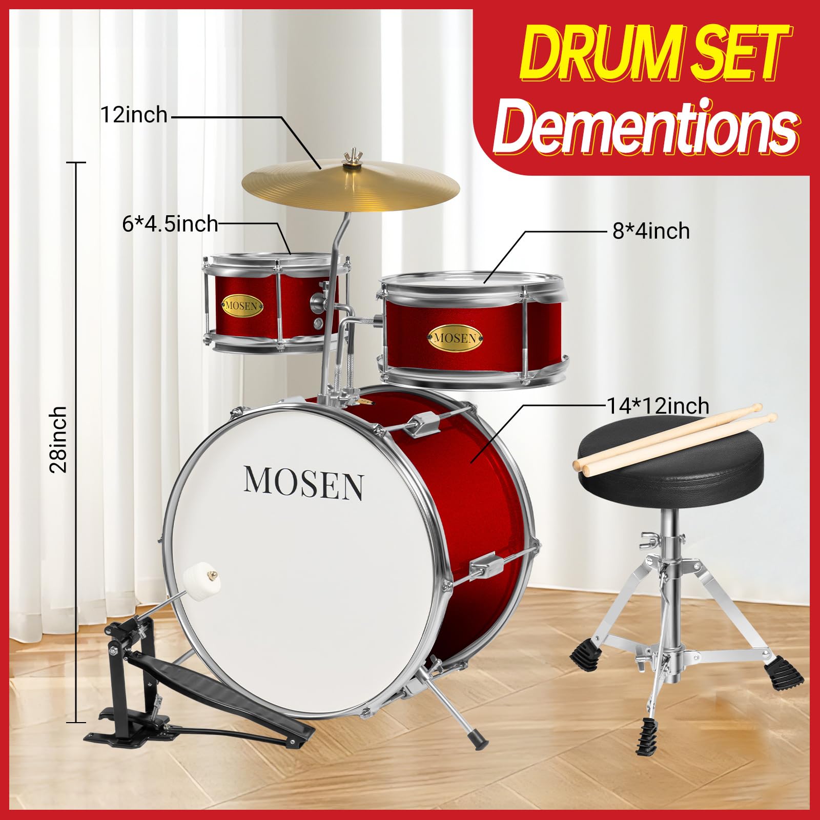 MOSEN 3-Piece Kids Drum Set with Adjustable Throne, Cymbal, Pedal & Drumsticks - Beginner Junior Drum Kit with Bass, Tom & Snare Drum (Red) - Perfect for Home Practice, Music Lessons & Birthday Gifts for Toddlers & Young Children