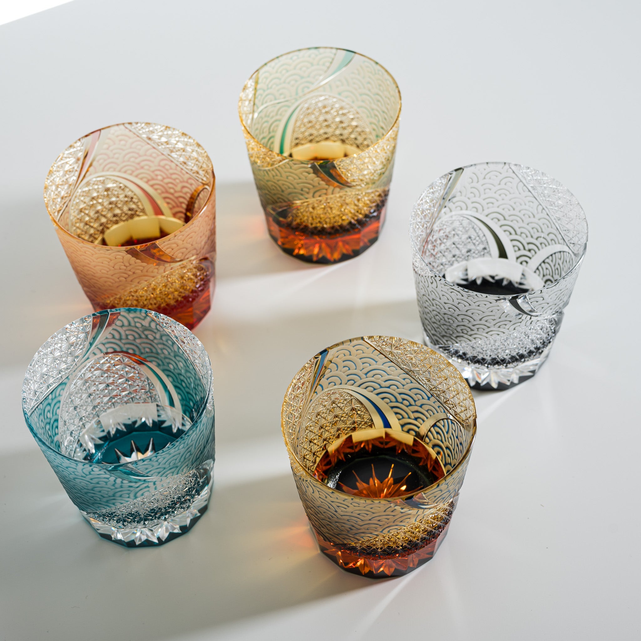 Yamada Crystal Glass Rock Tumblers - Set of 4 Wave Design Green Drinking Glasses for Whiskey, Cocktails & Home Bar Decor