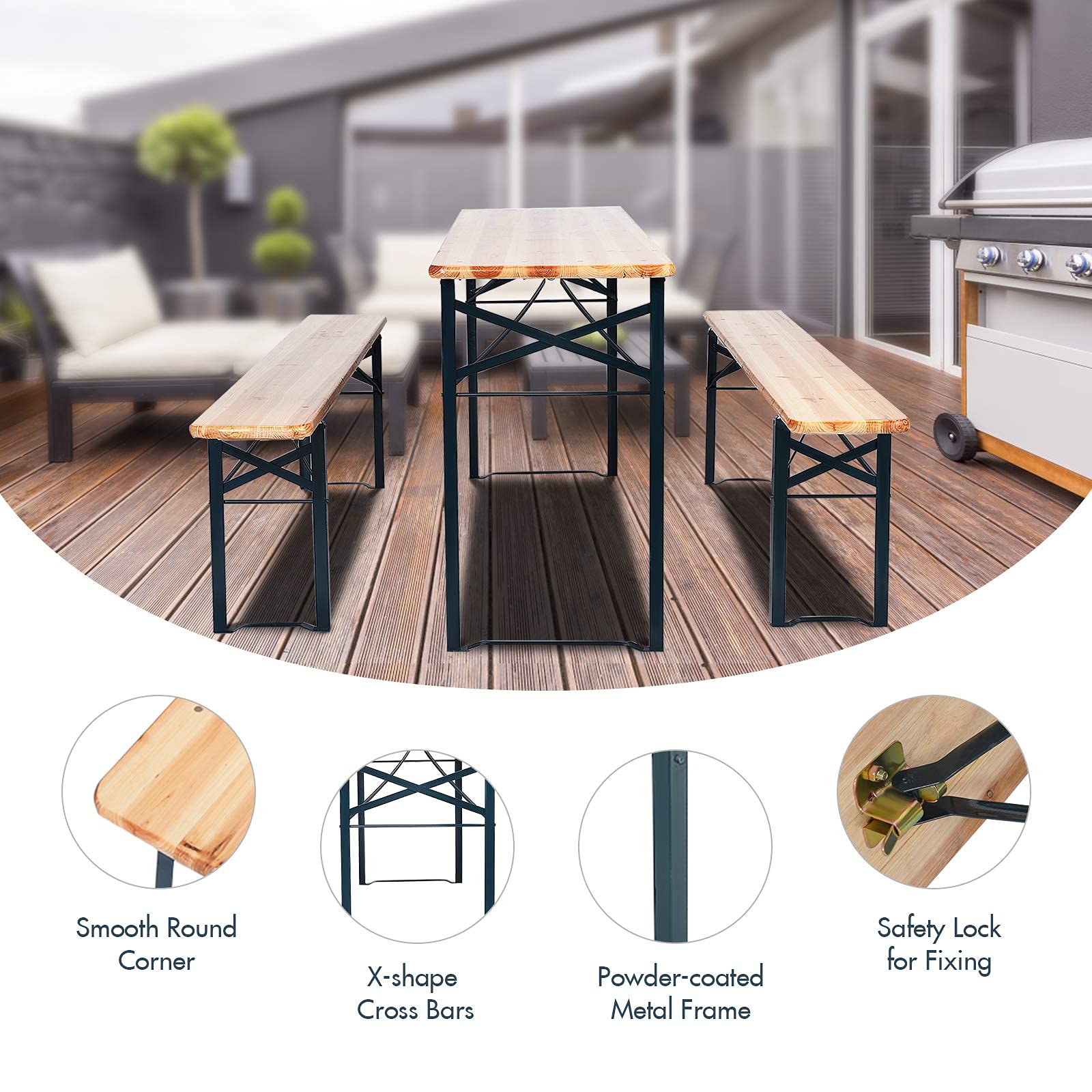 Renatone 70-Inch 3-Piece Folding Picnic Table Set with Wooden Top - Portable Beer Table for Patio, Backyard, Garden & Outdoor Gatherings - No Assembly Required - Perfect for BBQs, Camping & Tailgating